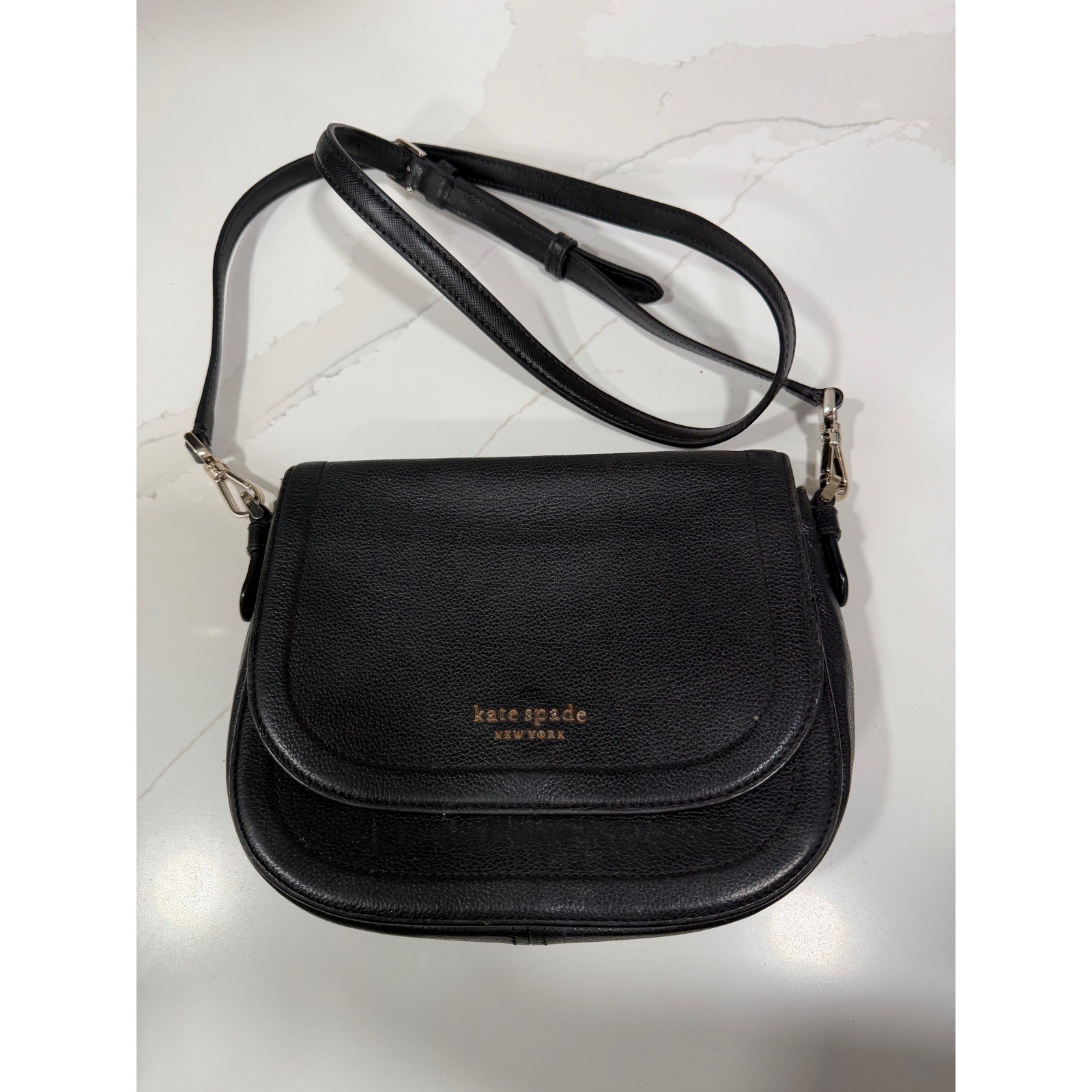 Kate Spade New York Black Pebbled Leather Crossbody Saddle Bag Gold Logo