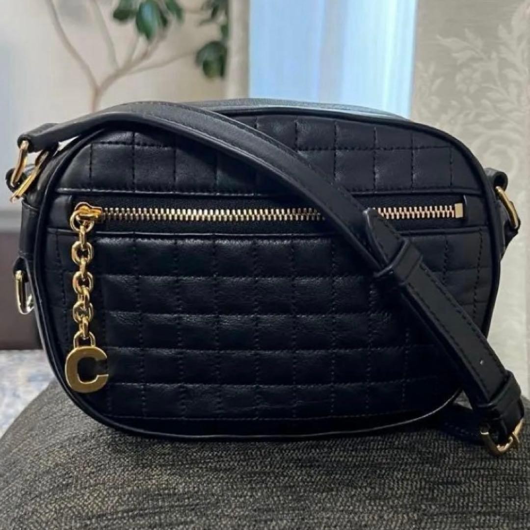 Celine C Charm Quilted Leather Shoulder Bag Black Authentic Small Crossbody