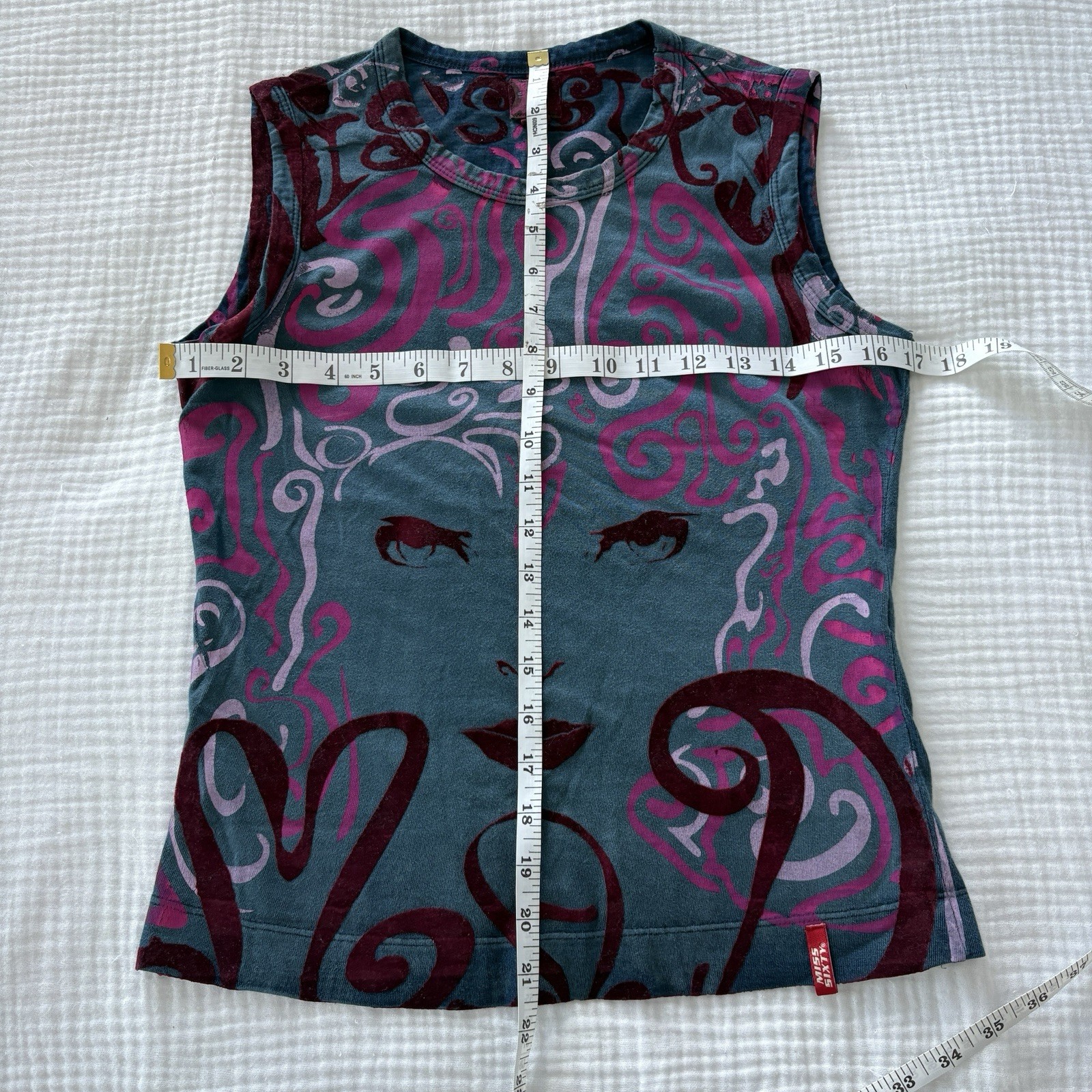 Miss Sixty Graphic Tank Top Y2K Teal Blue Pink Face Print Velvet Devore Small