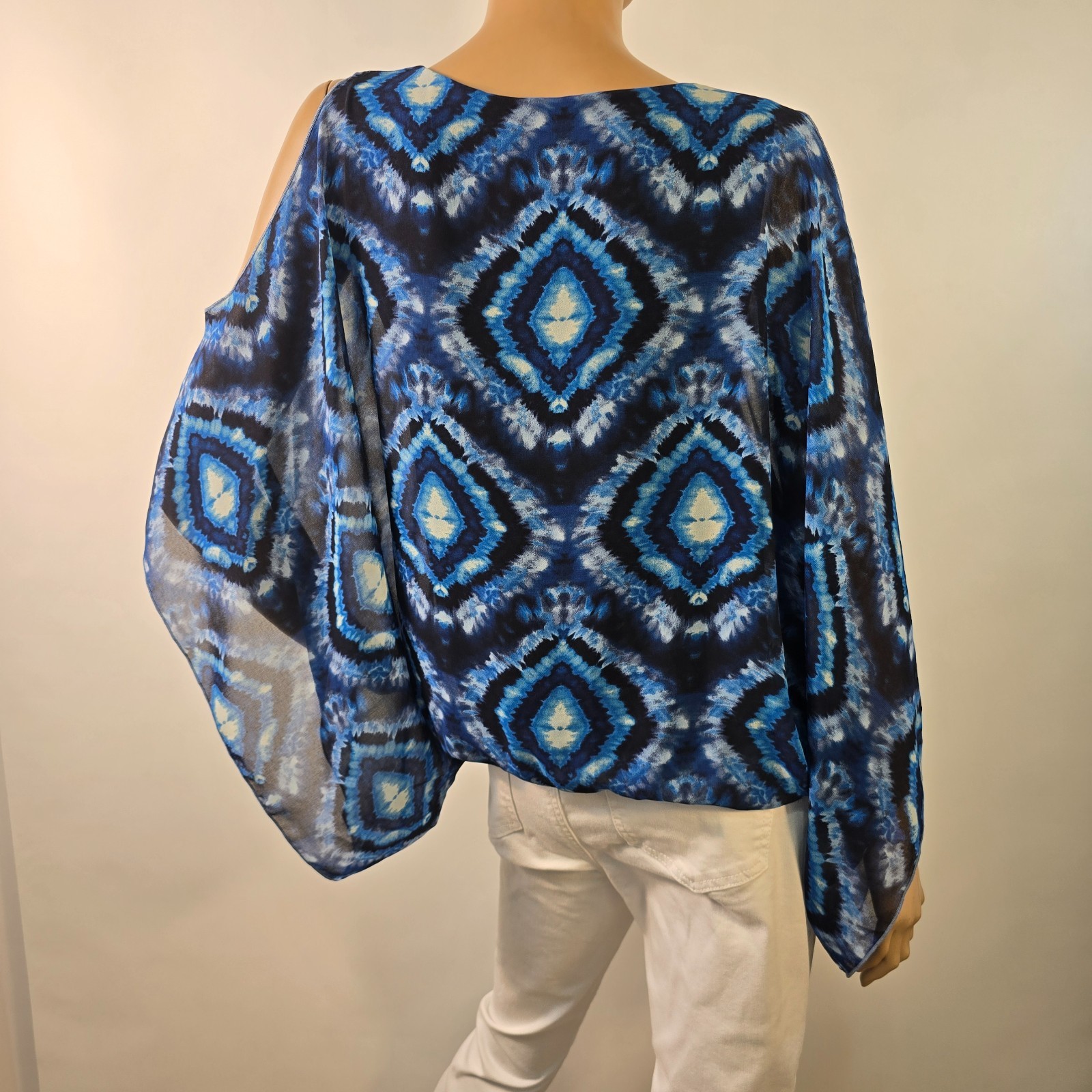 Karen Kane Cold Shoulder Scarf Blouson Top Ikat Style Tie-Dye Size L Made In USA