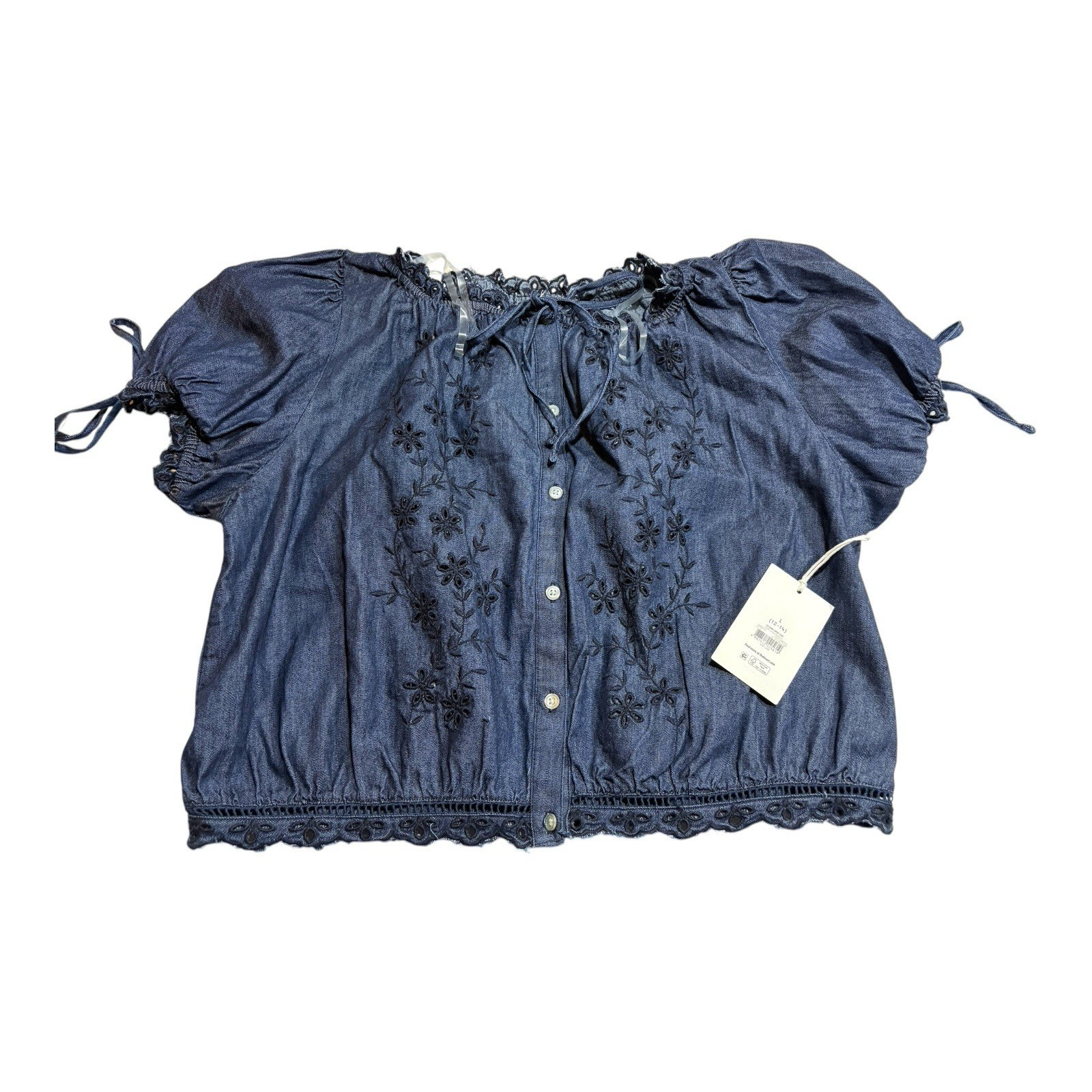 NWT Free Assembly Women’s Blue Chambray Floral Peasant Off-Shoulder Blouse 12-14