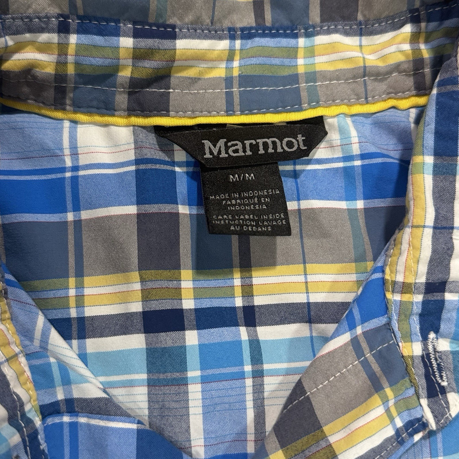 Marmot Men’s Medium Blue Plaid Short Sleeve Button Up Shirt Outdoor Hiking