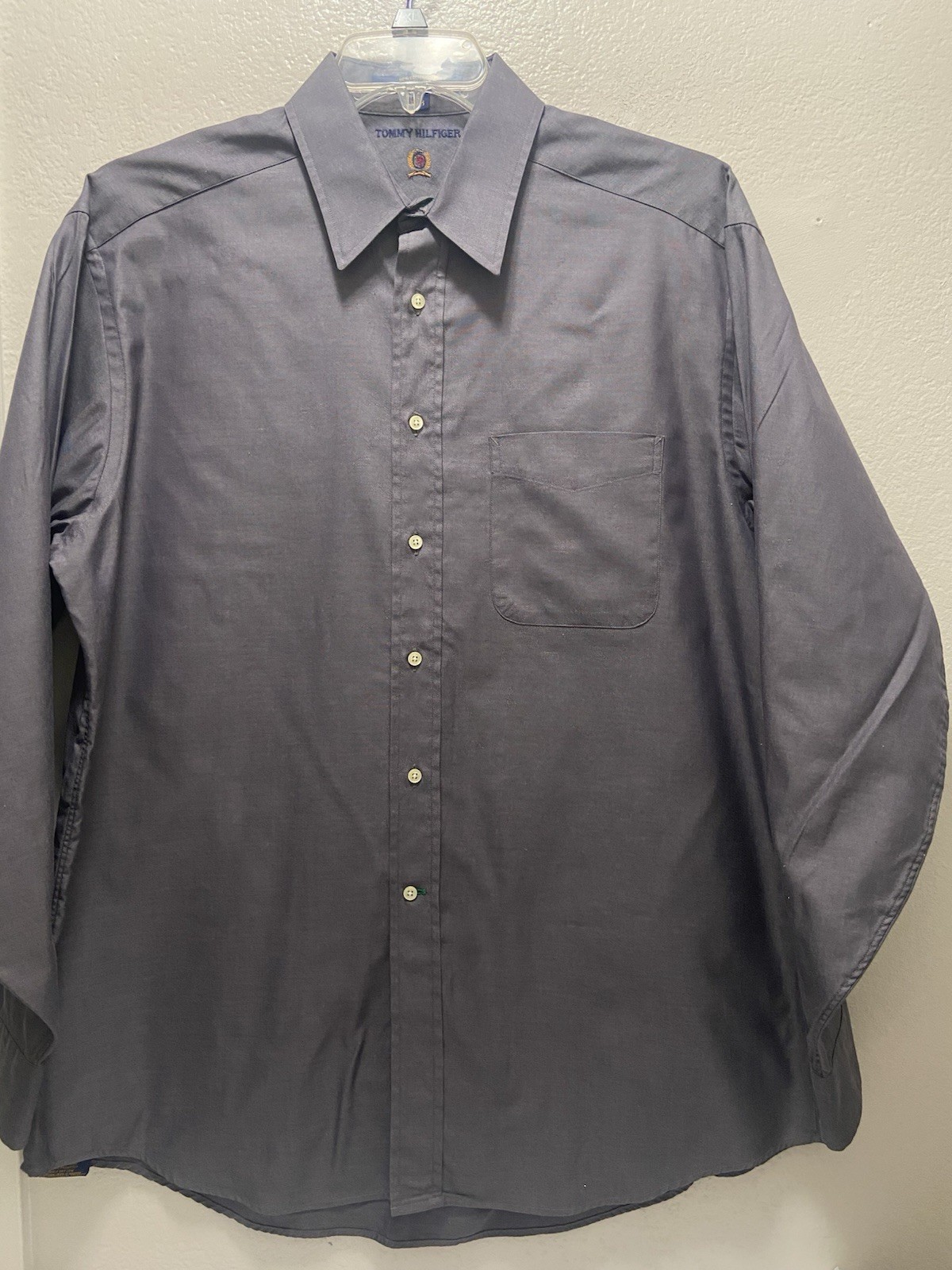 Tommy Hilfiger Classic Fit Gray Solid Cotton Pocket Dress Shirt 16 34/35