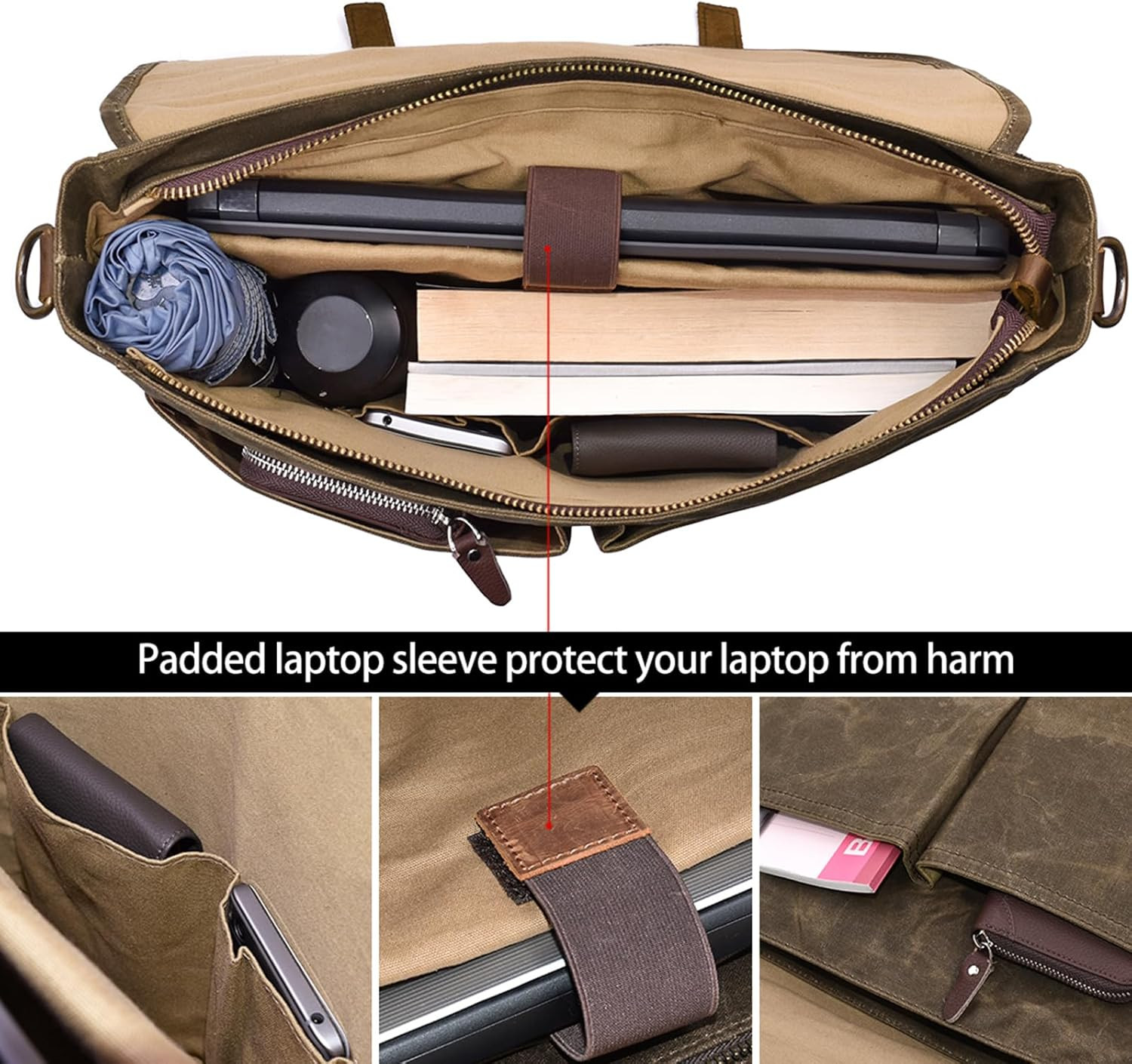 Messenger Bag 15.6 Inch Waterproof Vintage Genuine Leather Waxed Canvas