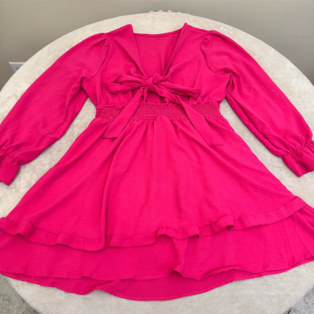 LYANER Dress Womens Size XL Hot Pink V-Neck Tie Waist Mini Long Sleeve