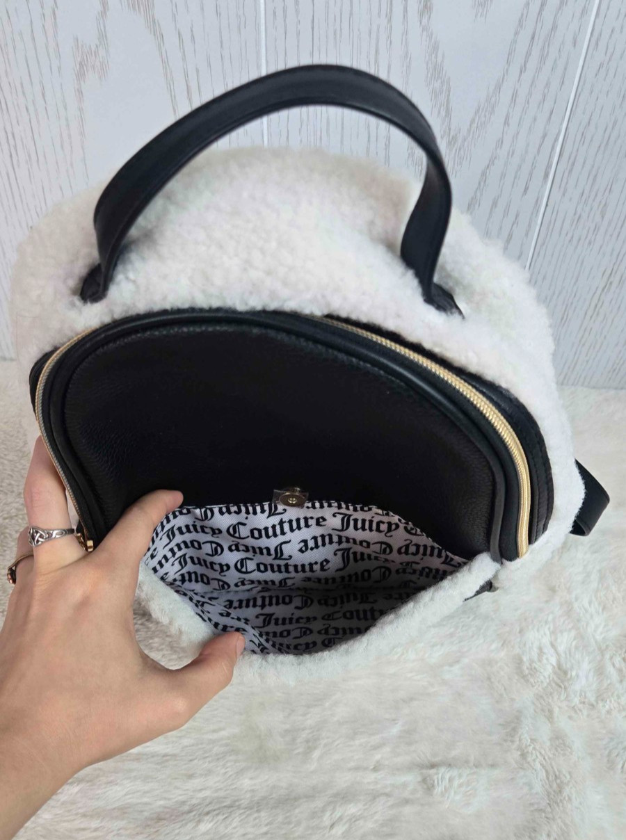 Juicy Couture Y2K Black & White Faux Sherpa Flashback Small Plush Backpack Purse