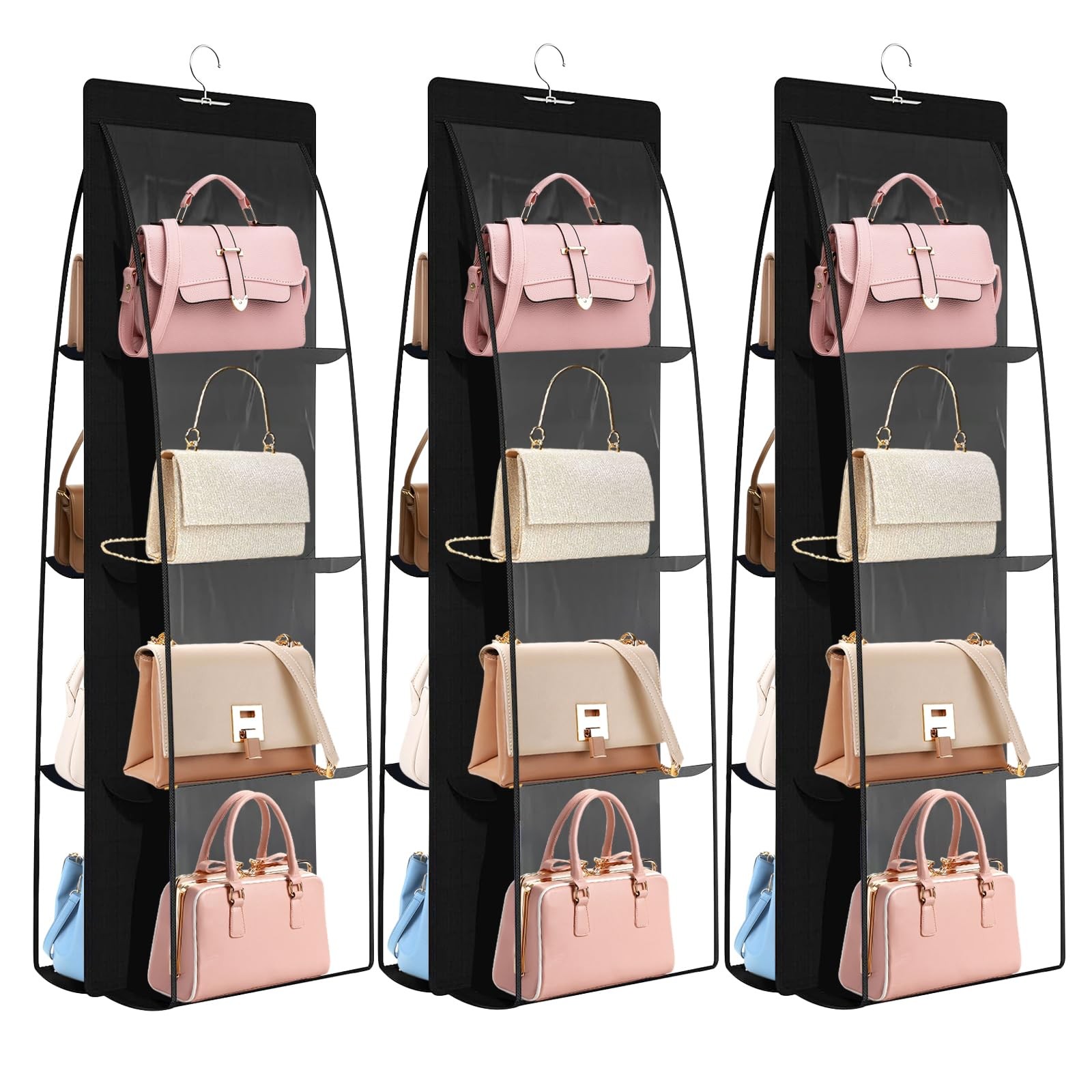 3 Pack Purse Organizer for Closet, 8 Pockets Black Handbag Hanging, Handbag S