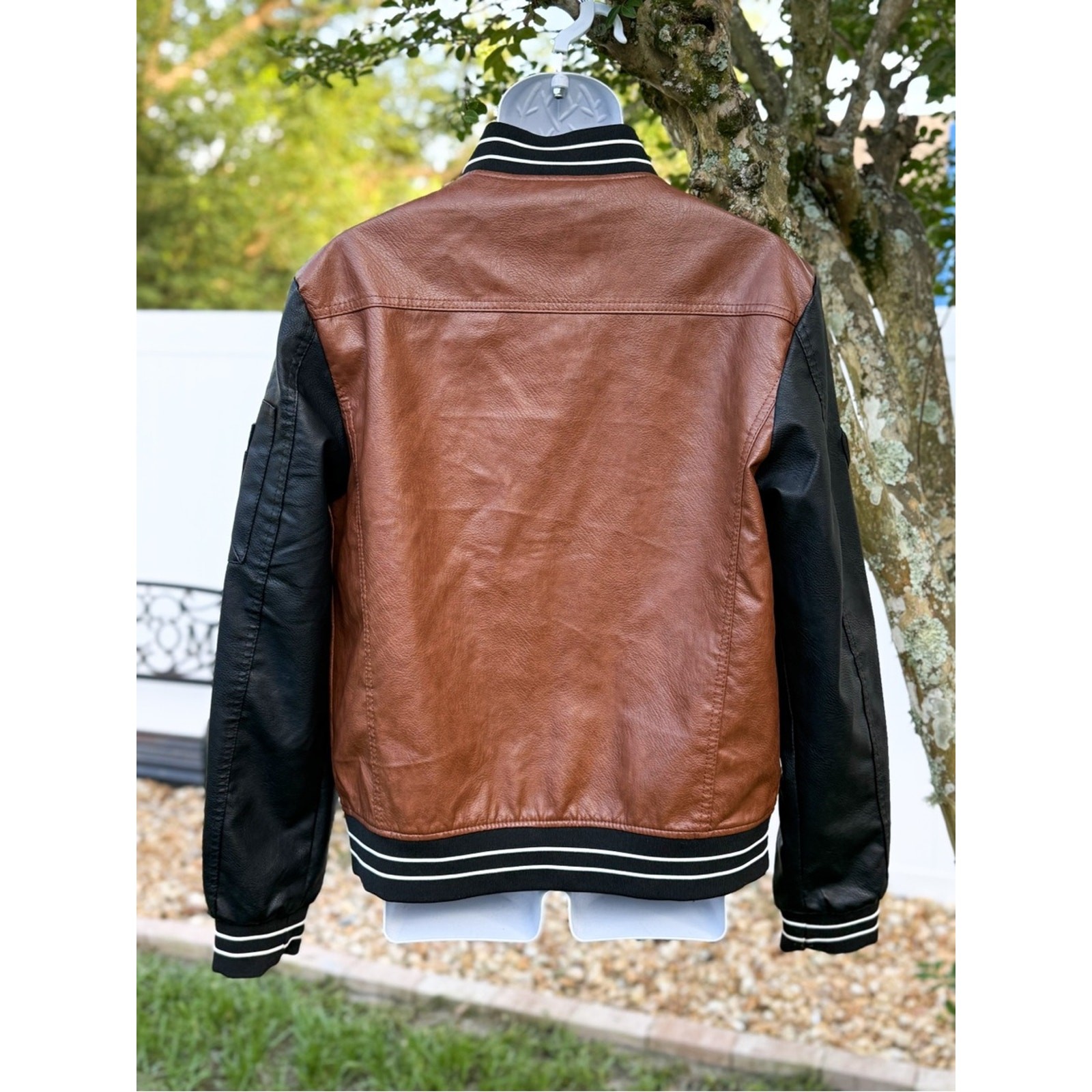 FRIED Denim NYC Varsity Bomber Jacket Brown Black Faux Leather Mens Large