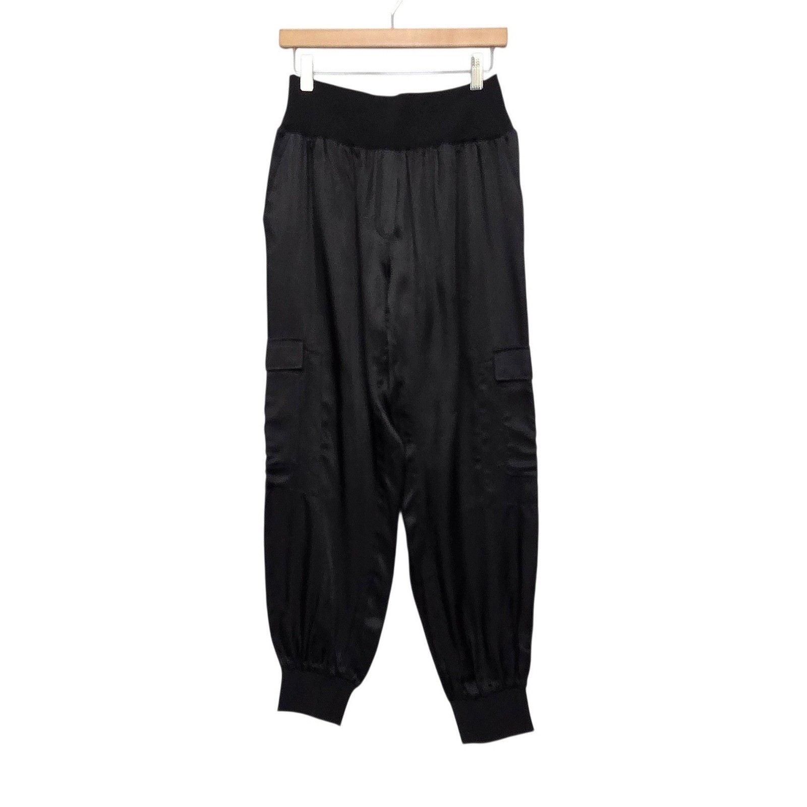 Cinq a Sept Giles Black Cupro Cargo Joggers High Rise Satin Pants Women Large