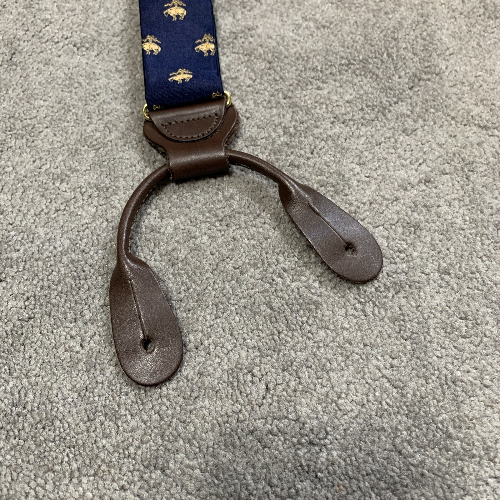 Brooks Brothers Silk Suspenders Navy Blue with Golden Fleece Sheep Silk Leather