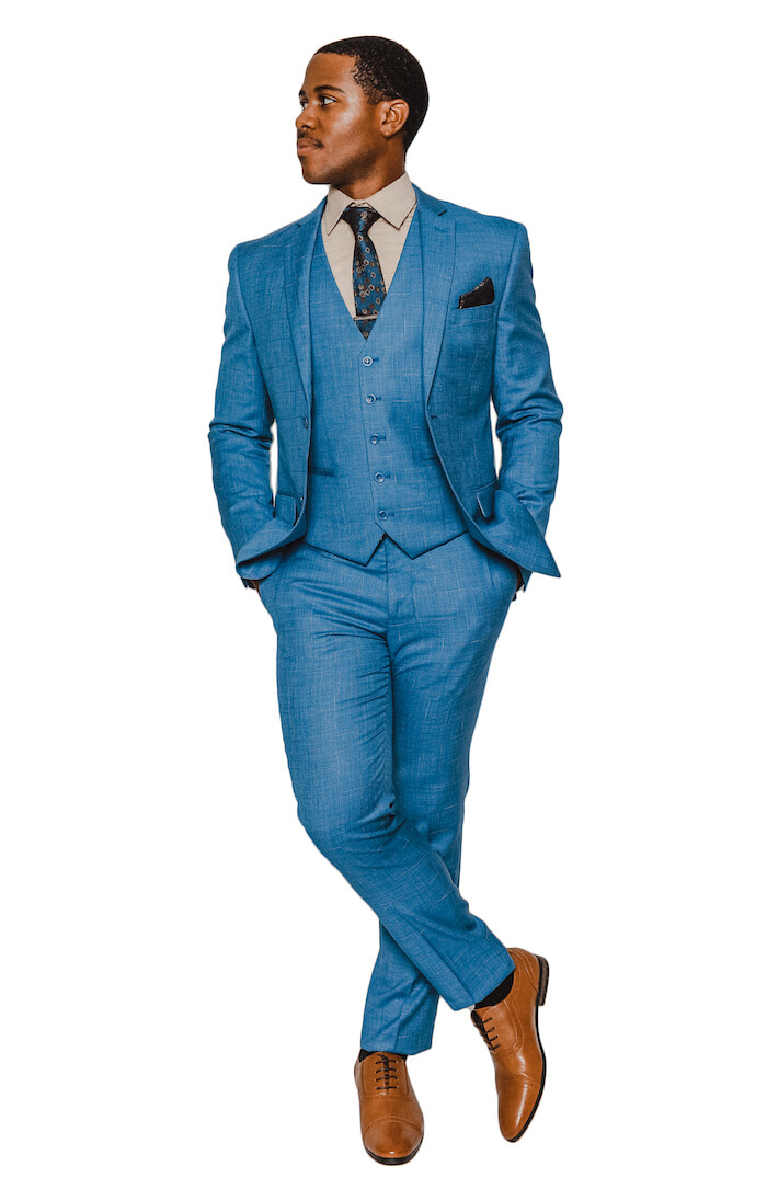 Slim Fit Blue Windowpane 2 Button 3 Piece Vested Notch Lapel Suit By AZARMAN NEW