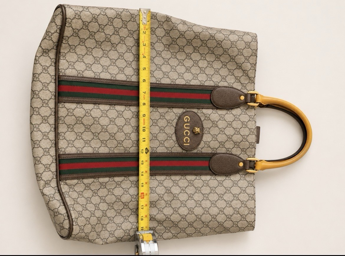 Gucci GG Pattern Web Stripe Tote Bag Zip Top Handle Beige Brown Gold