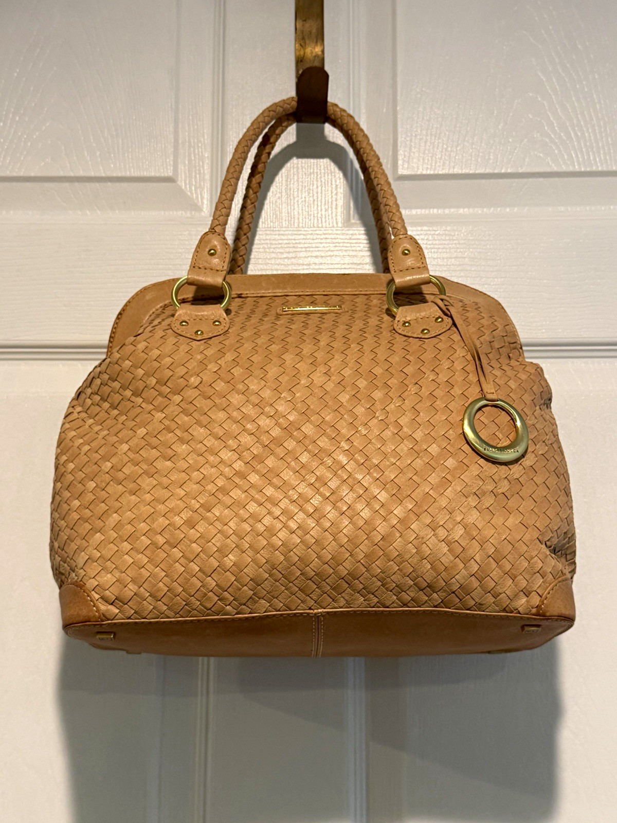 Elliott Lucca Beige Woven Satchel Top Handle Bag Zip Red Lining Gold HW