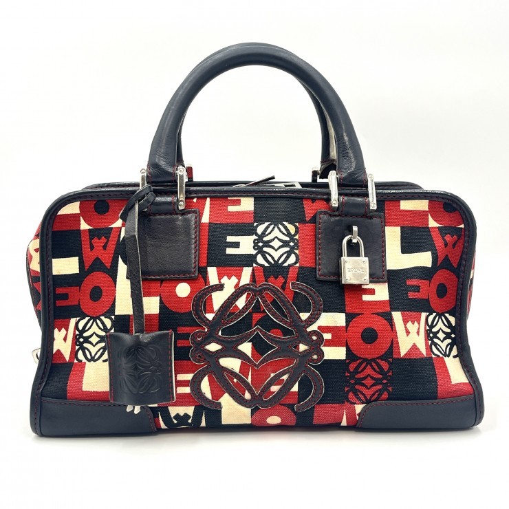 LOEWE Amazona 28 Hand Bag Red Black Monogram Canvas Leather