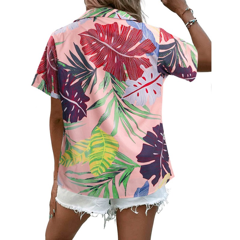 Women Funky Hawaiian Shirt Blouse Frontpocket Leaves Flowers Pineapple Print Tee