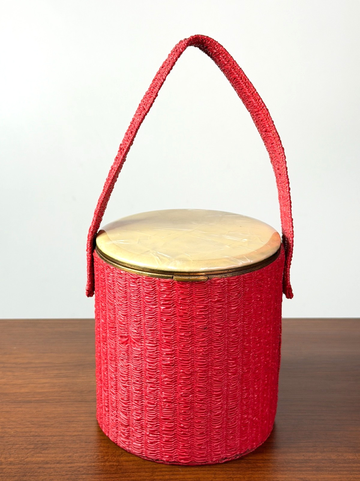 Vintage 1950s red round box purse, vinyl mirror Lin-Bren handbag cylinder small