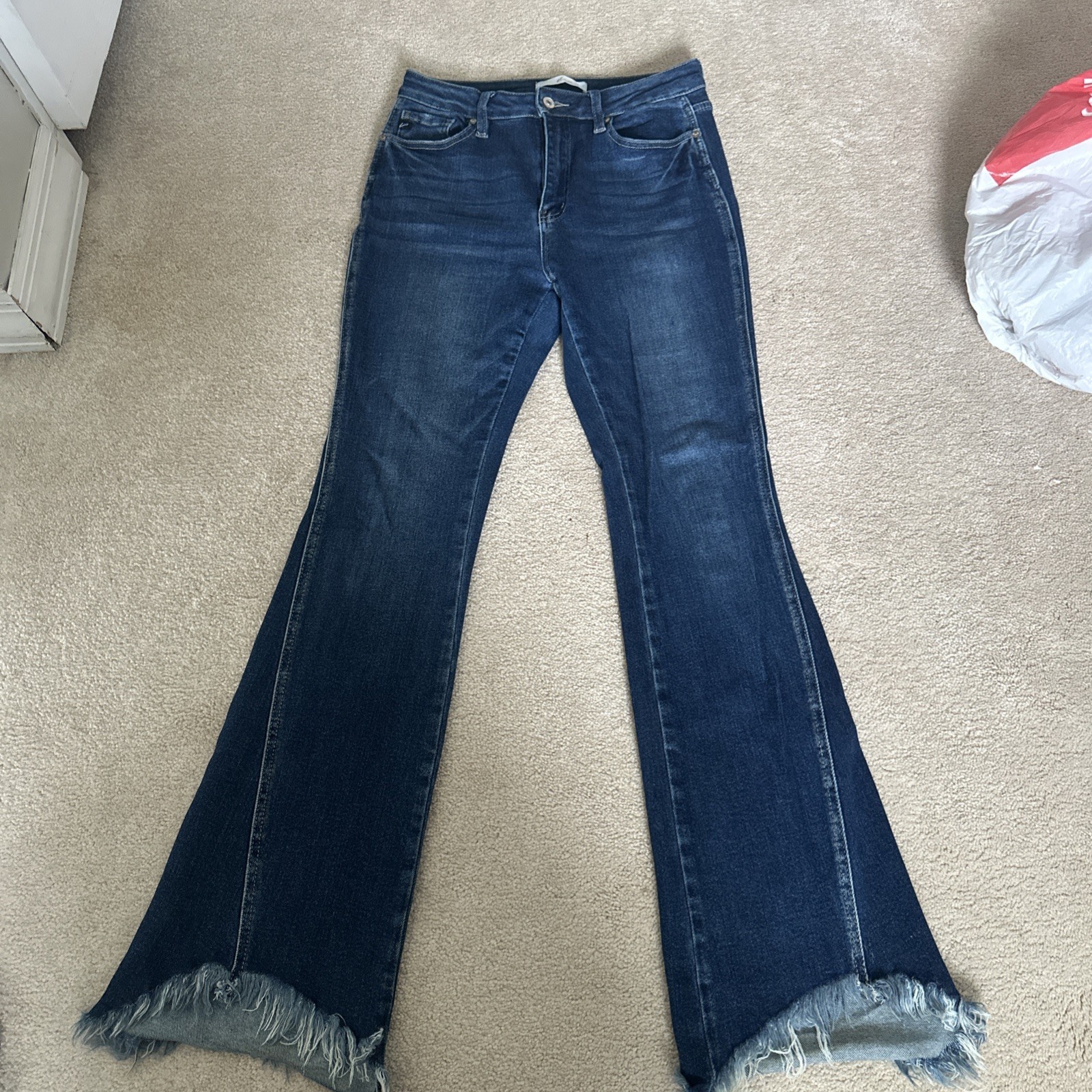 Kancan Women’s 9/29 Flare Distressed End Jeans Dark Wash