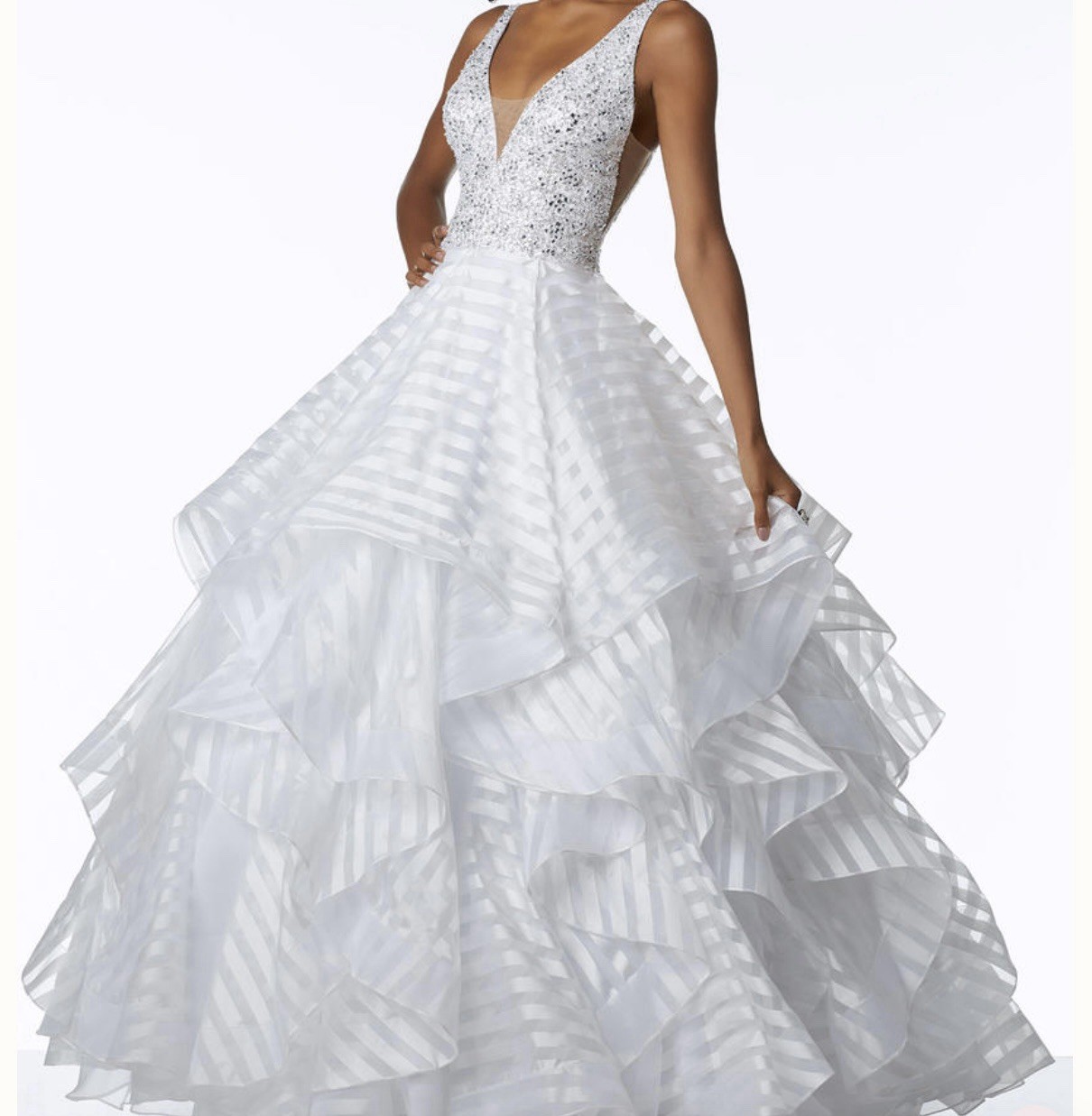 Morilee White Sequin V-Neck Sleeveless Organza Full-Length Ball Gown Size 12