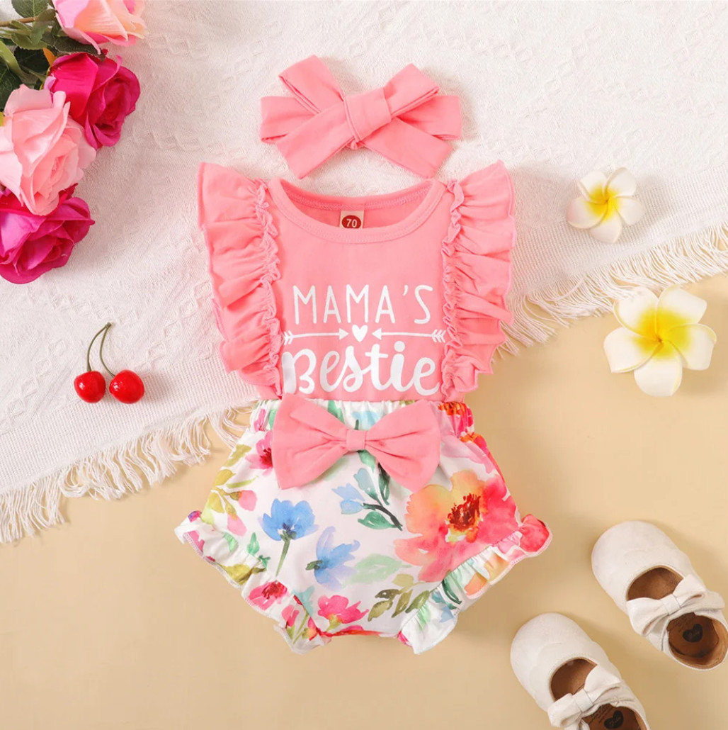 Pink Baby Girl Summer Set – Mommy’s Girl Sleeveless Romper with Floral Shorts