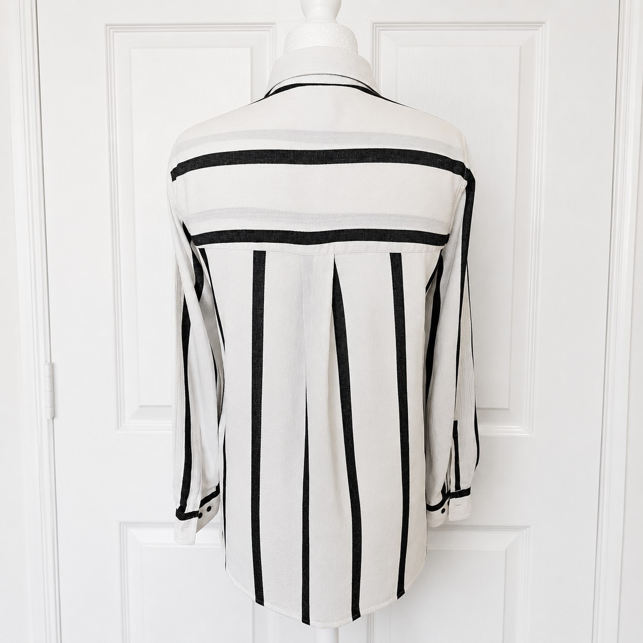 Next Size 12 – Black & White Stripe Shirt – Long Sleeved – Viscose & Cotton VGC