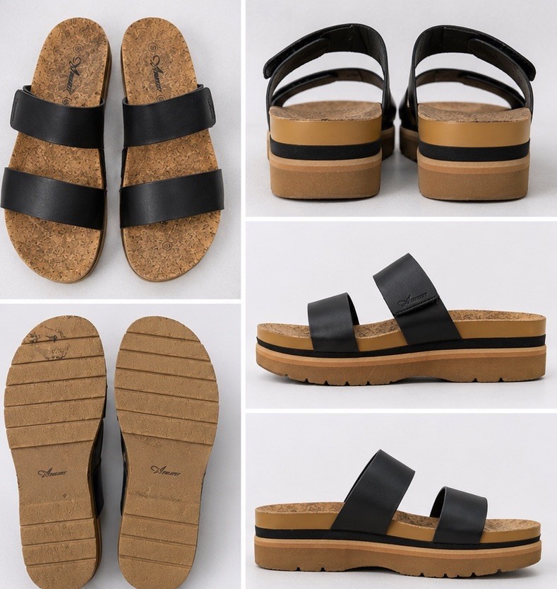 Amalfi Black Leather Double Strap Platform Slide Sandals Women’s Size 10