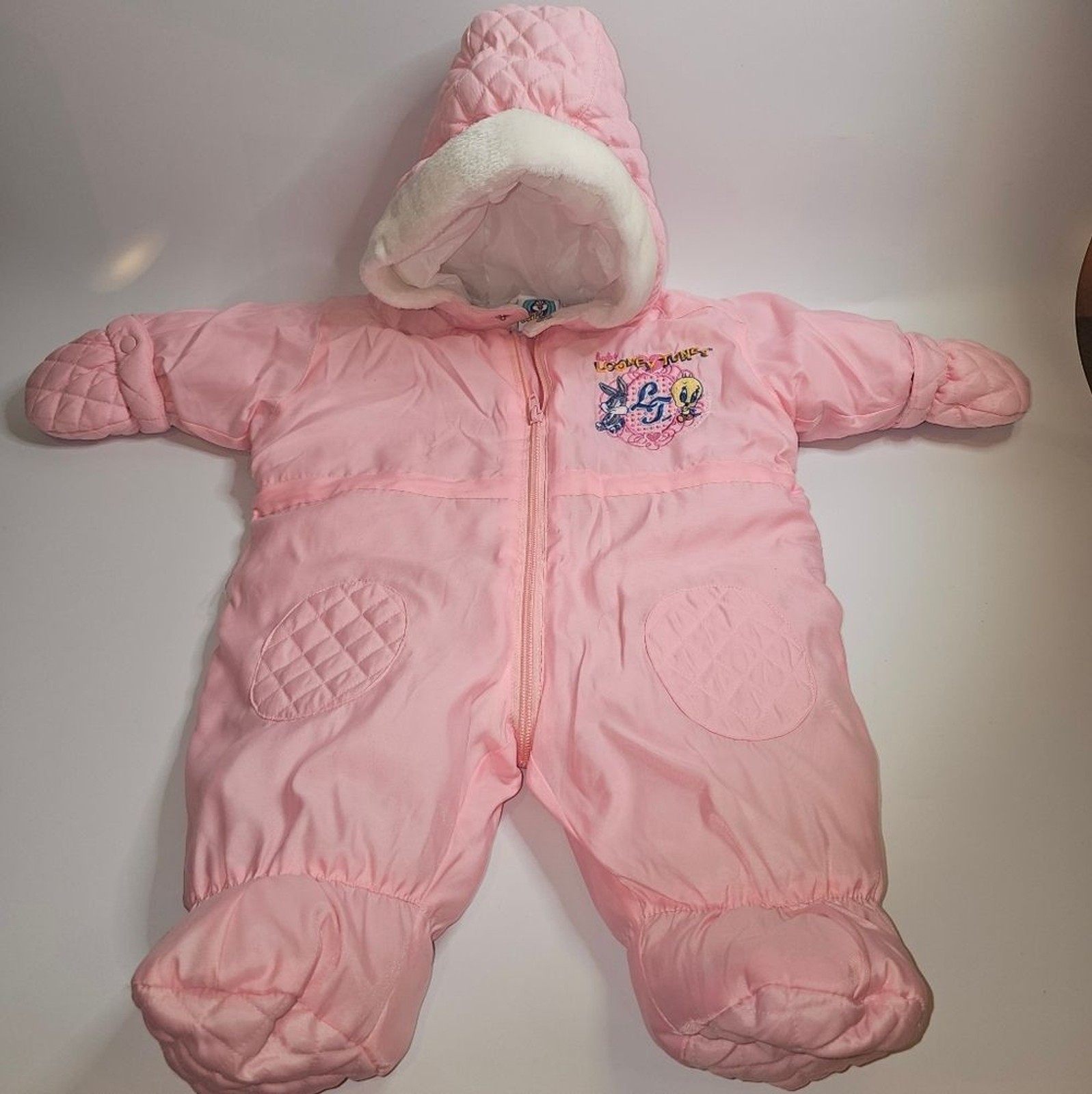 Baby Looney Tunes Snowsuit Pram Pink Quilted One-Piece Infant Y2K 3 Months