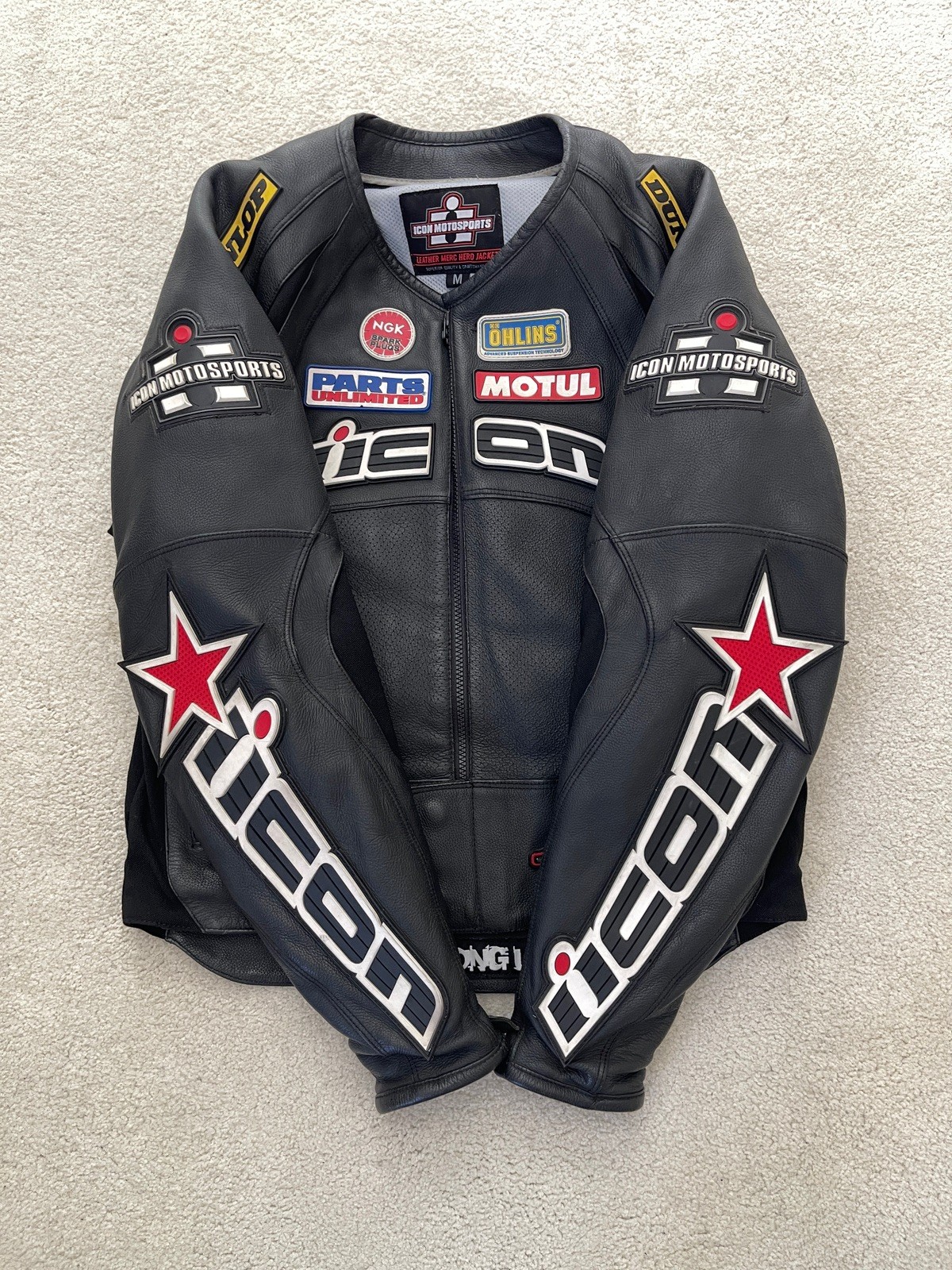 Icon Racing Logo Embroidered Black Leather Merc Hero Moto Jacket Mens Medium M