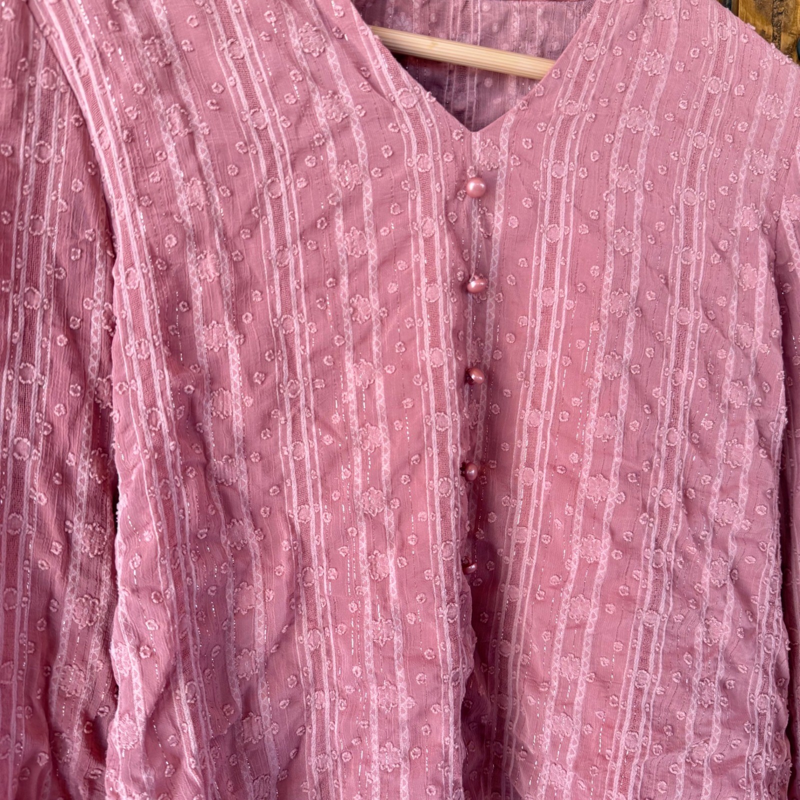 Womens Pink Swiss Dot Ruffle Neck Blouse Metallic Stripe Long Sleeve Top