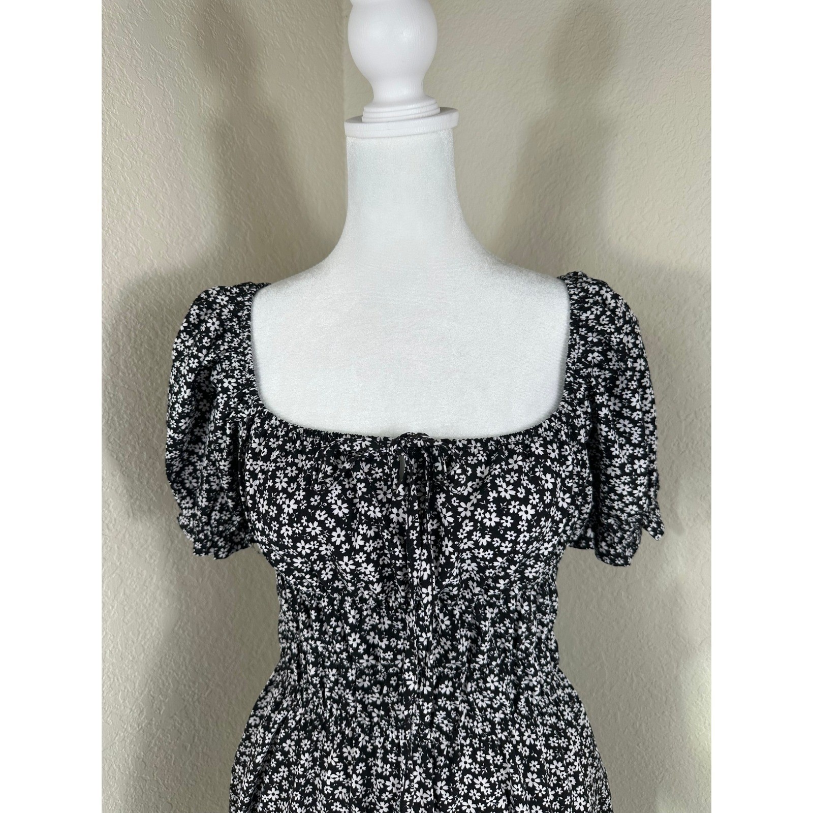 Hesperus Floral Mini Dress Womens L Black White Cottagecore Boho Y2K Babydoll
