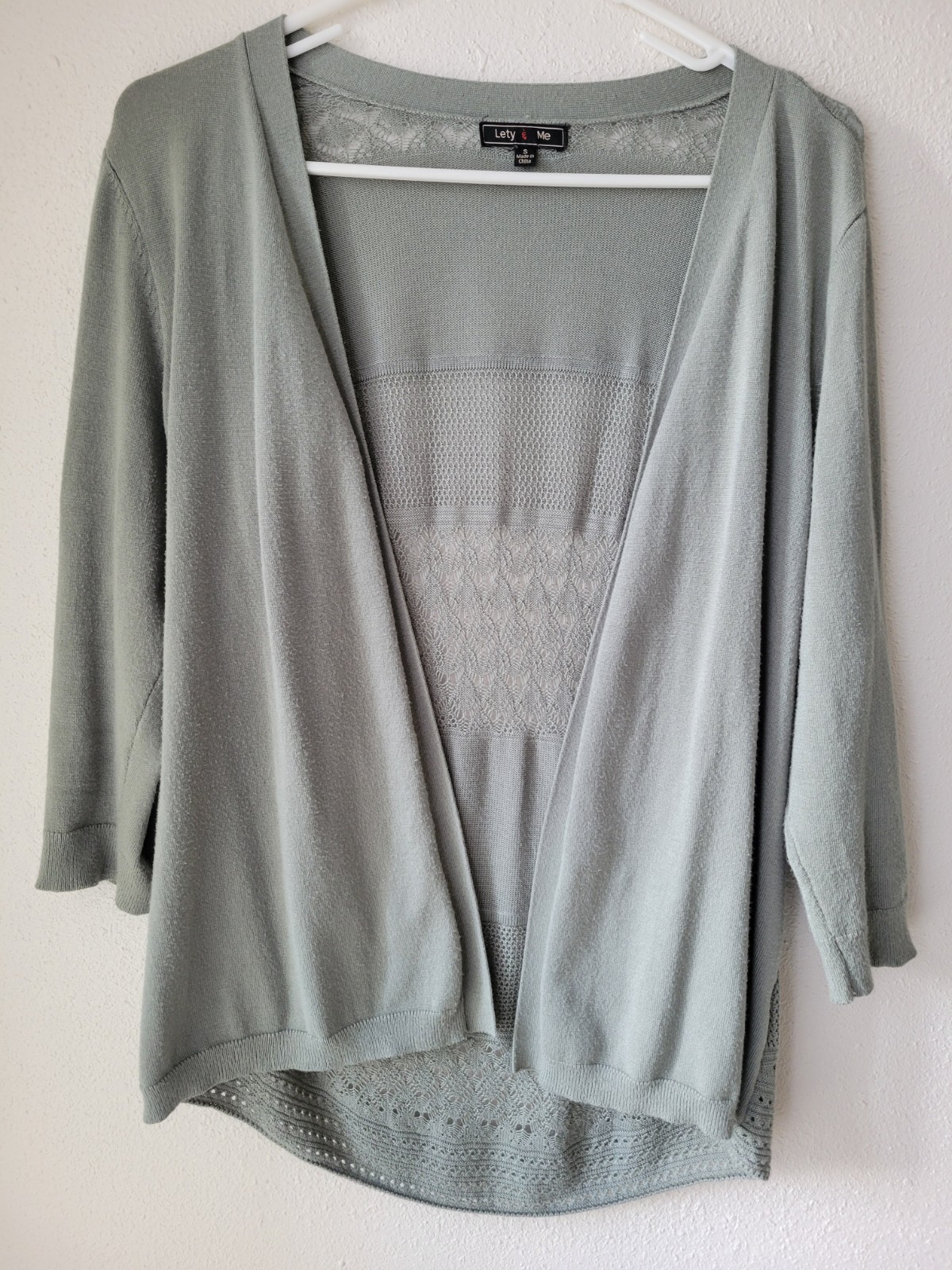 Lety & Me Open Front Lace Cardigan Sage Green Lace Knit 3/4 Sleeve Womens Small