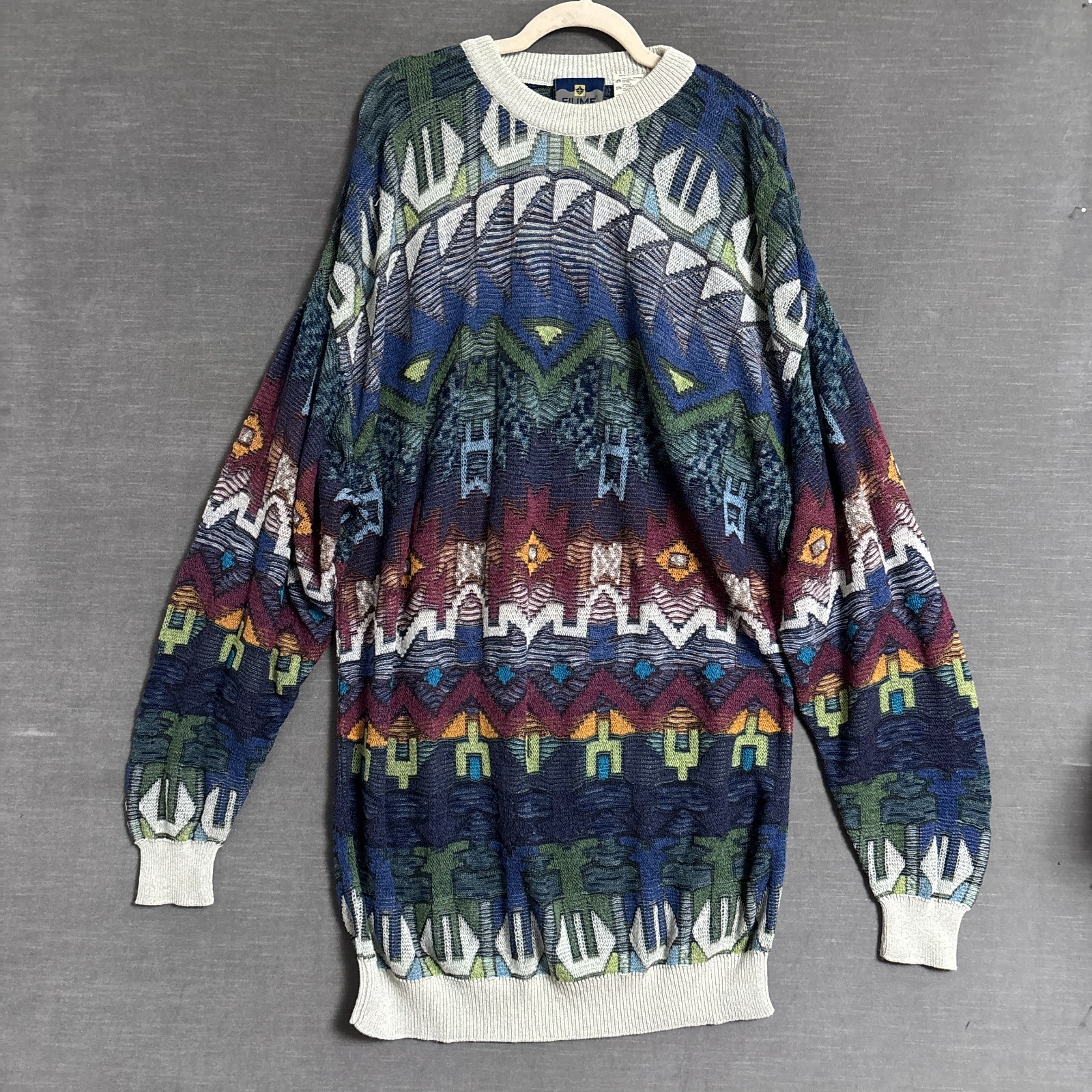 Vintage Fiume Sweater IT 52 Blue Red Geometric Italy Grandpa Cosby 90s 2XL