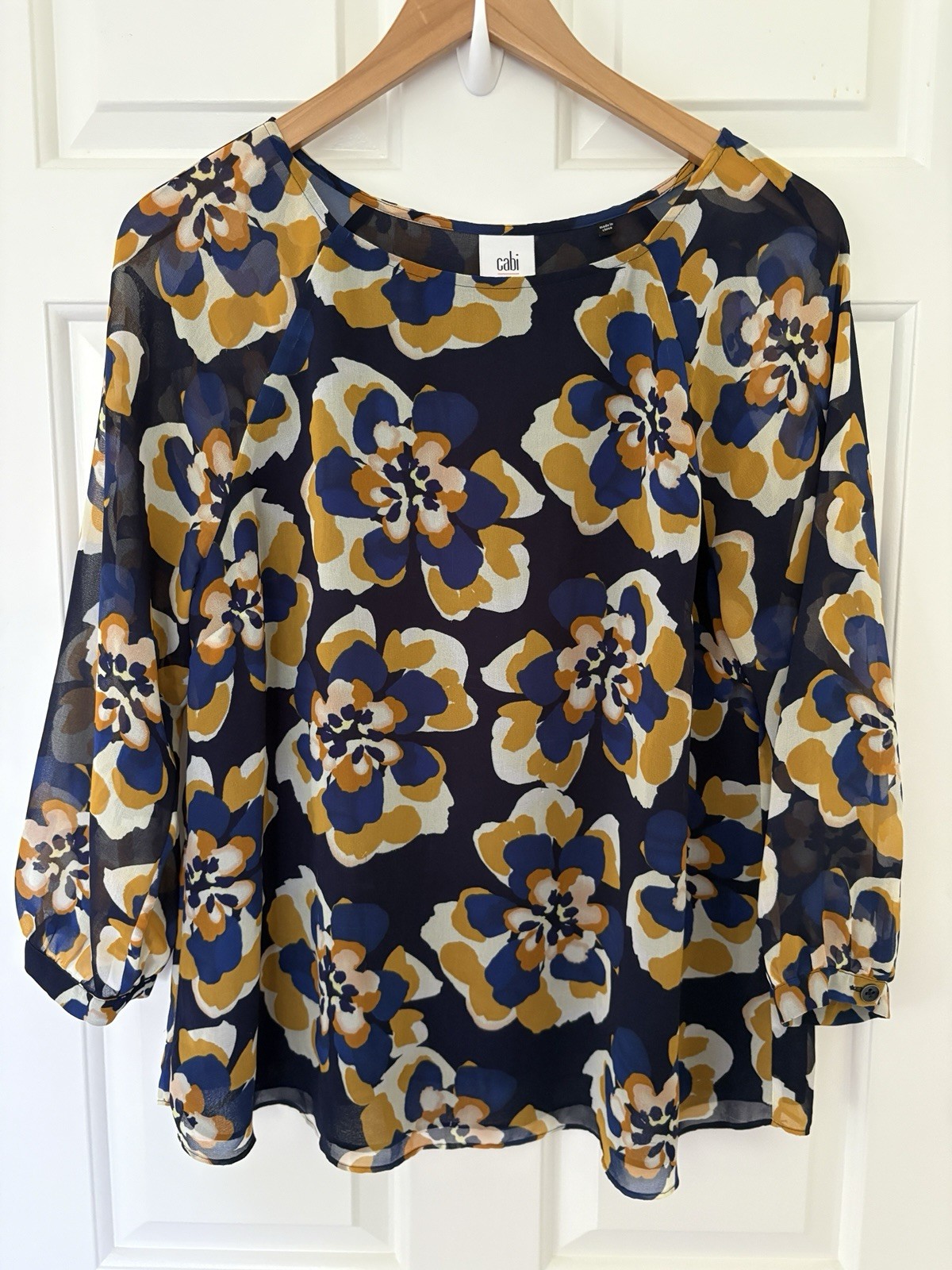Cabi Navy Medium Floral Sheer Blouse – Blue & Mustard