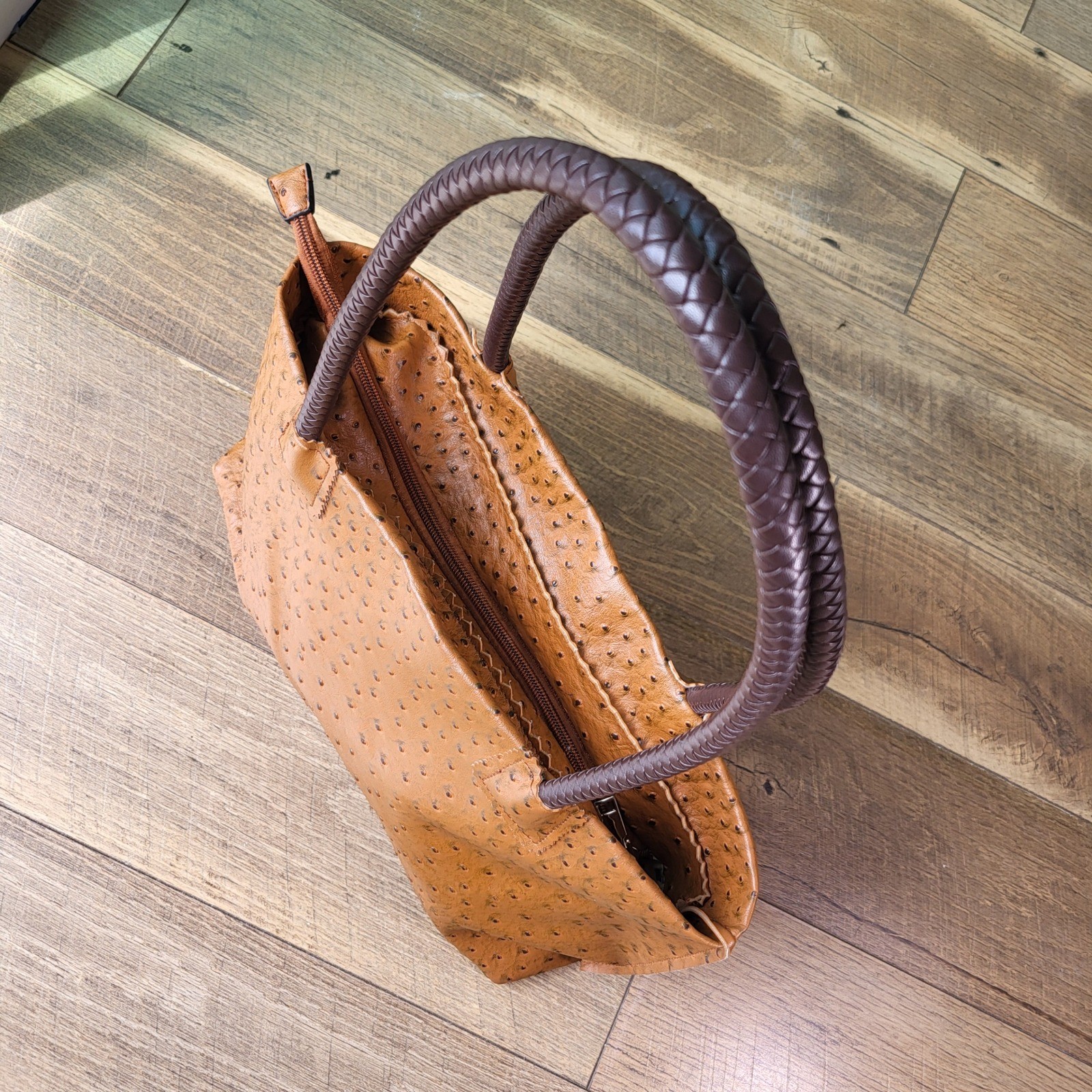 Cognac Ostrich Embossed Tote Bag Leopard Print Lining Braid Straps Brown Handbag