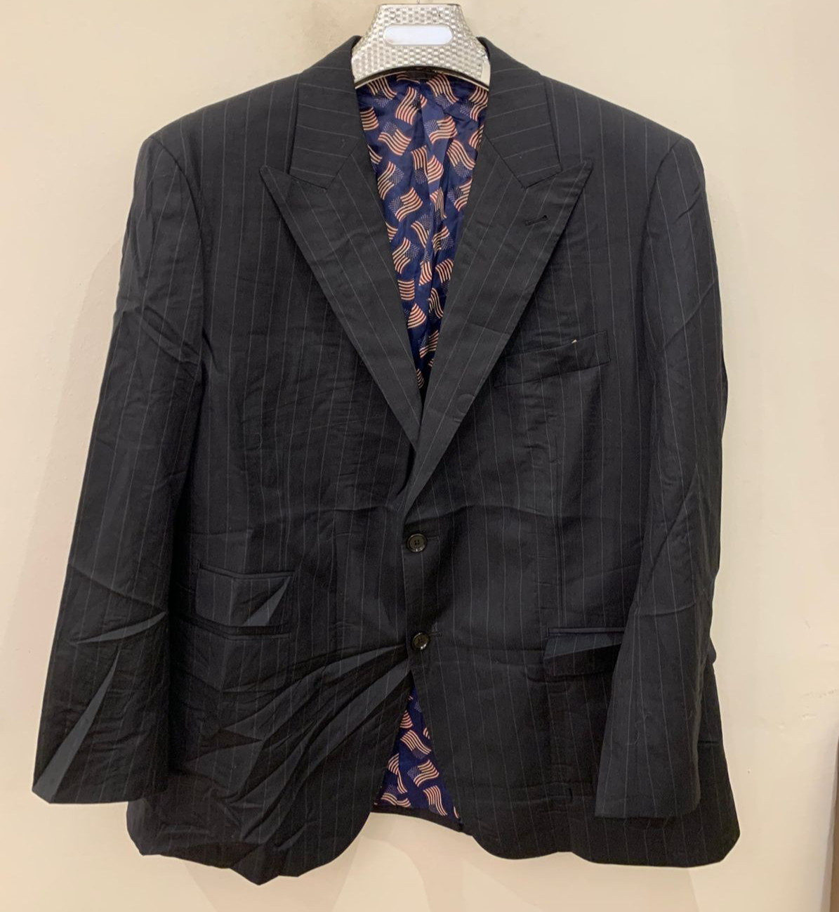 Classic all worsted wool peak lapel charcoal striped jacket blazer 42R