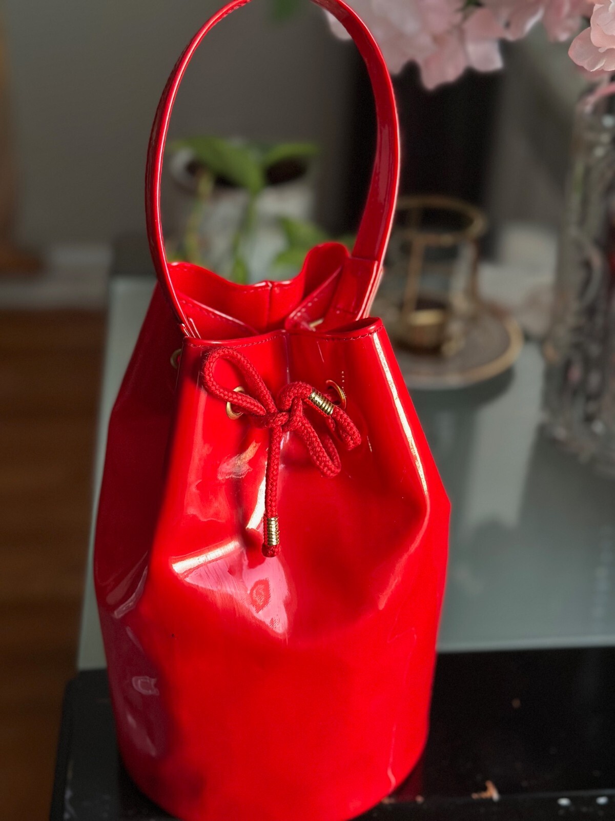 PRE-OWNED MOSCHINO BUCKET HANDBAG MADE IN ITALY BY REDWALL COLOR RED PVC PATENT