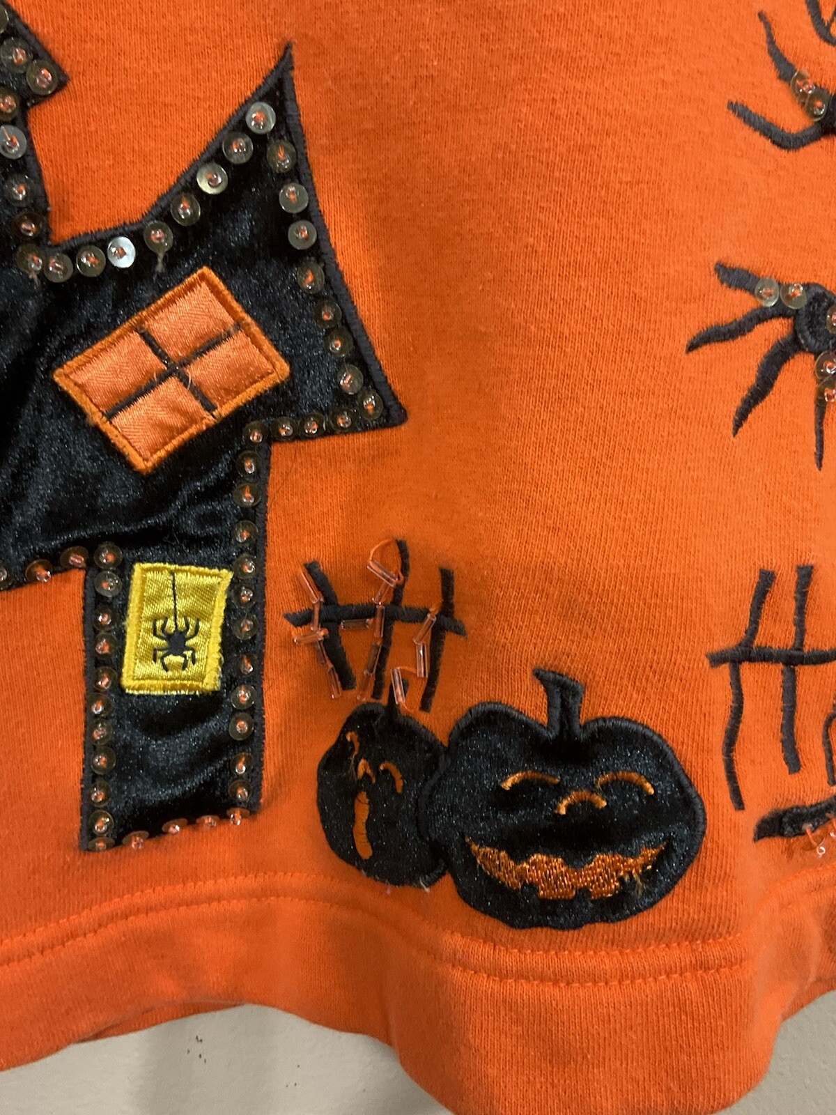 VTG Womens Embellished Halloween Shirt L Orange Haunted House Pumpkins Witch 90s