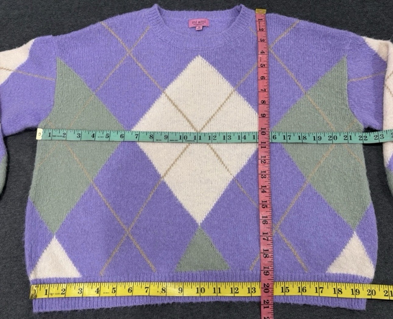 francesca’s Argyle Knit Crew Neck Pullover Sweater Purple Green White M ST20836