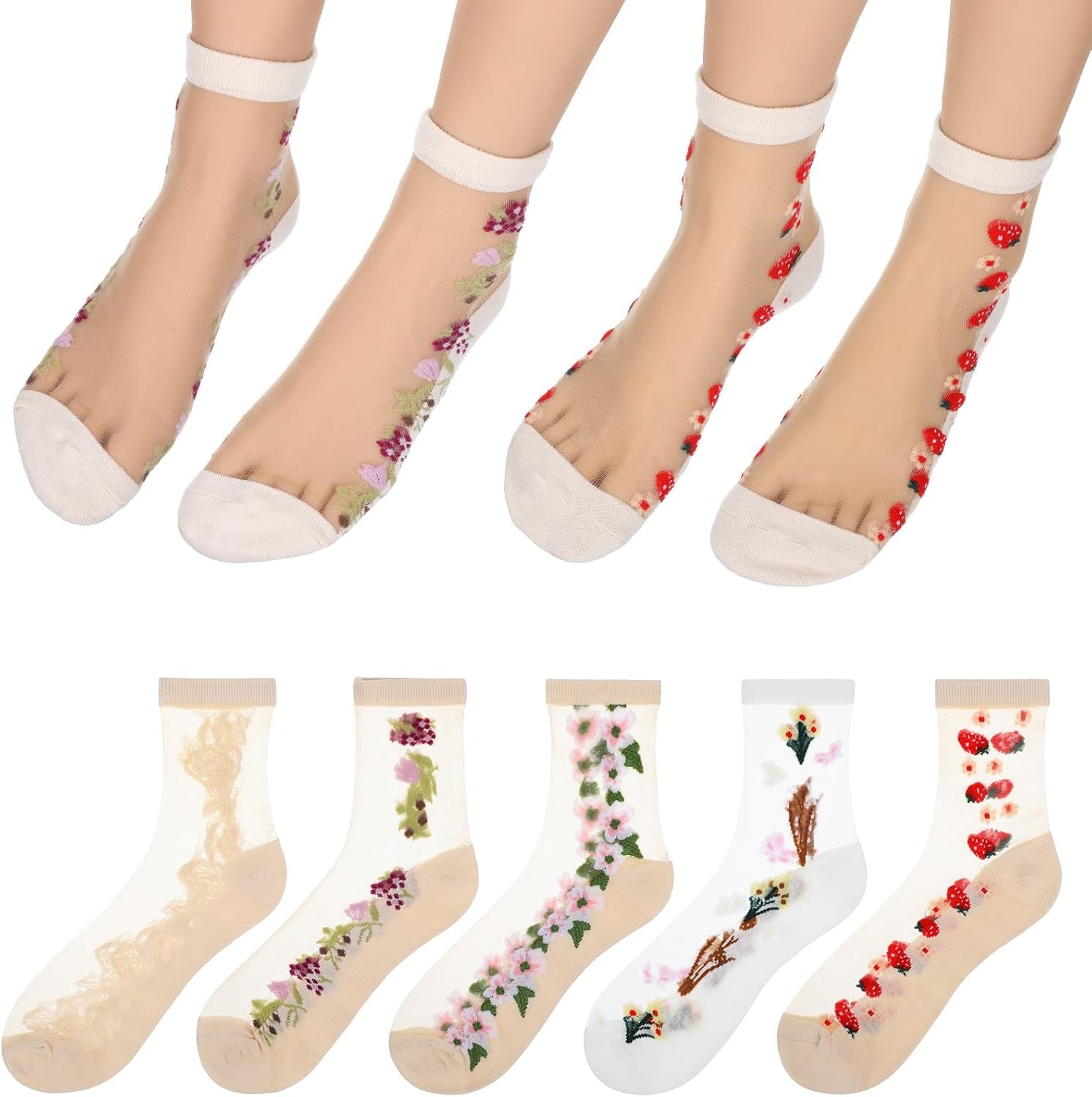 5 Pairs Womens Ankle Sheer Socks Transparent Embroidered Lace Socks Thin Floral
