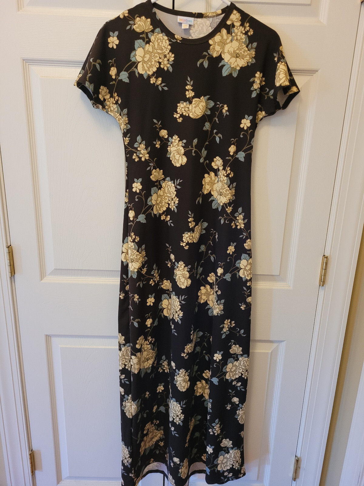 Women Lularoe Brown Blue Tan Floral Maria Maxi Dress Size XXS
