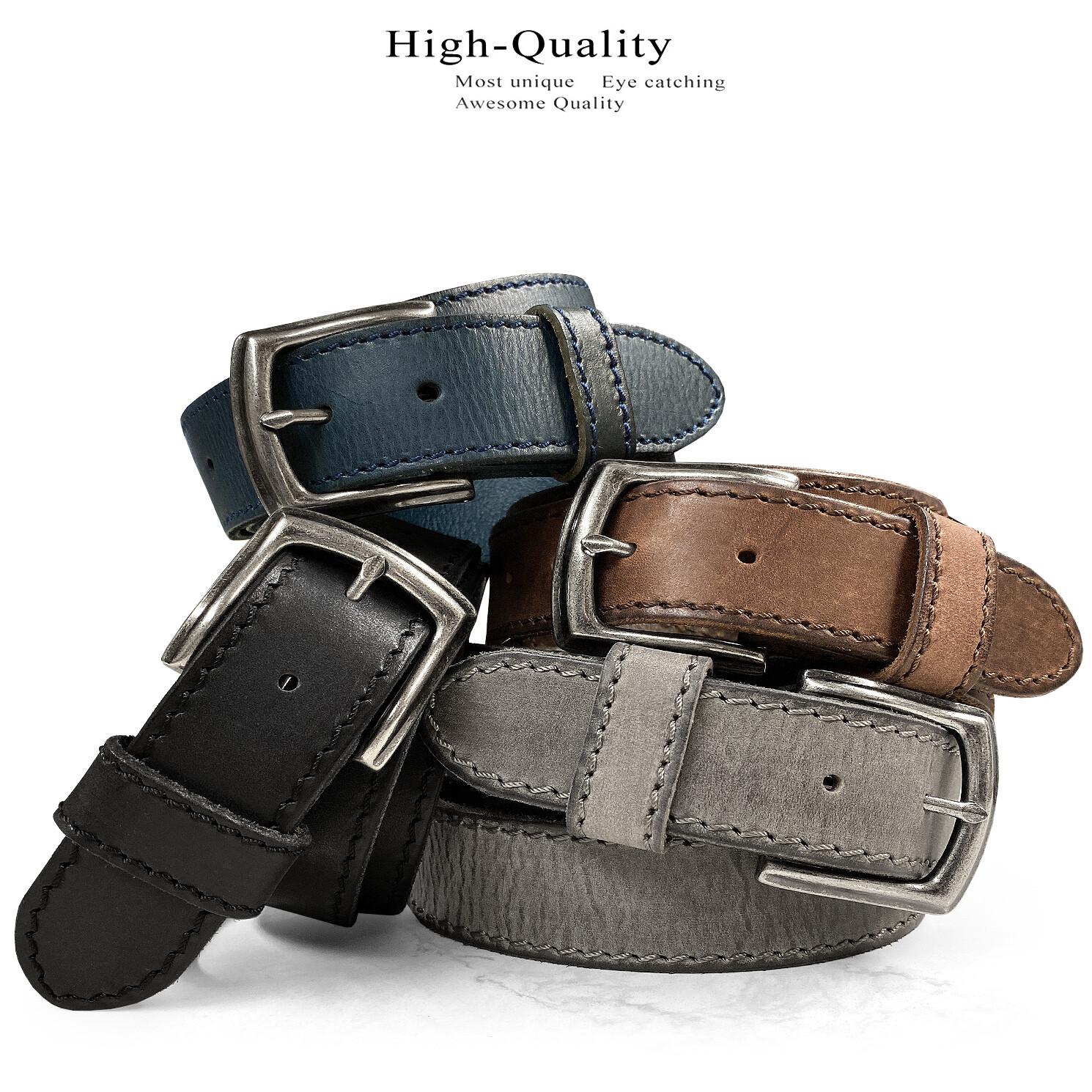 Antique Buckle One Piece Genuine Full Leather Casual Jean Belt 1-1/2″(38mm) Wide