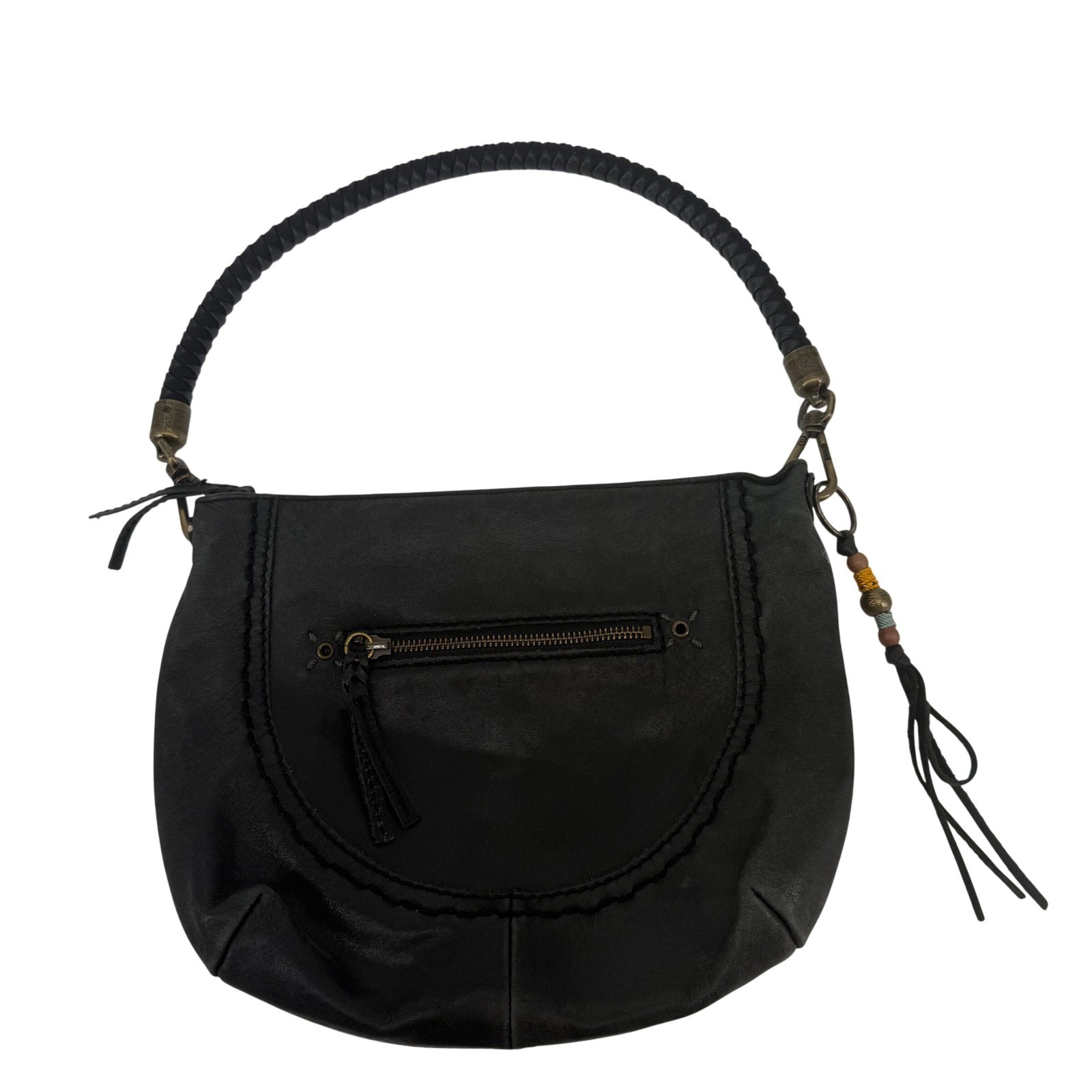 The Sak Leather Hobo Bag Womens Small Black Braided Strap Whipstitch Tassel