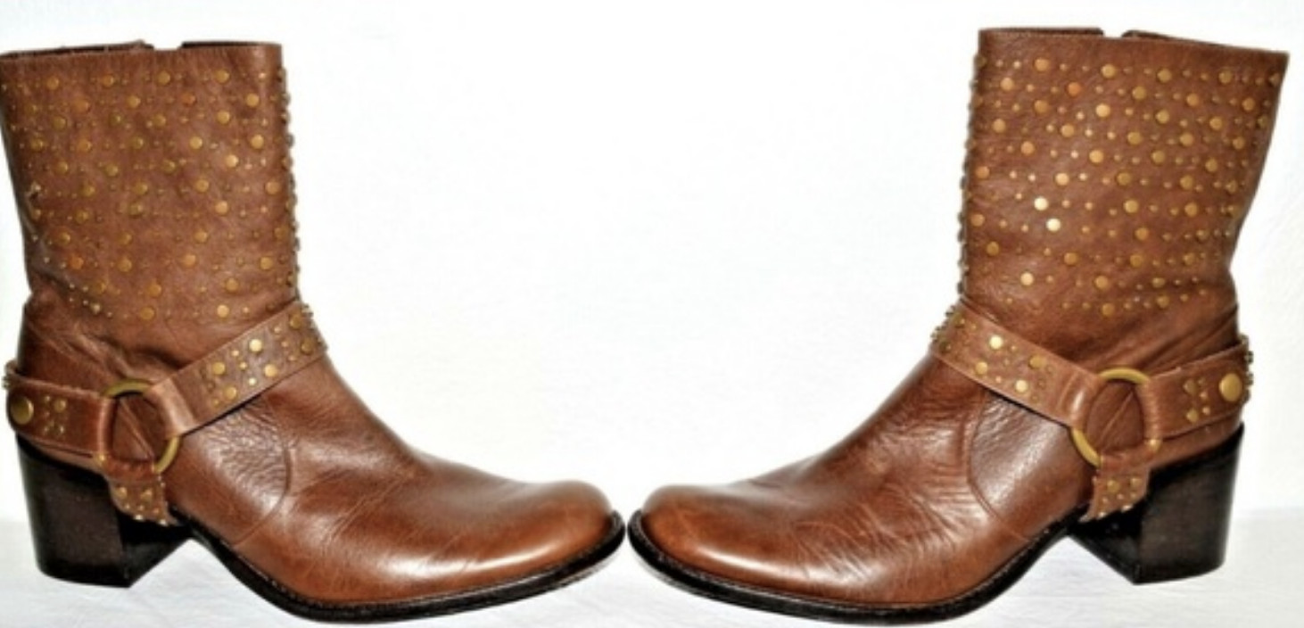 JESSICA BENNETT DUSK SZ 9 M BROWN STUDDED LEATHER HARNESS WESTERN BOOTS BOOTIE