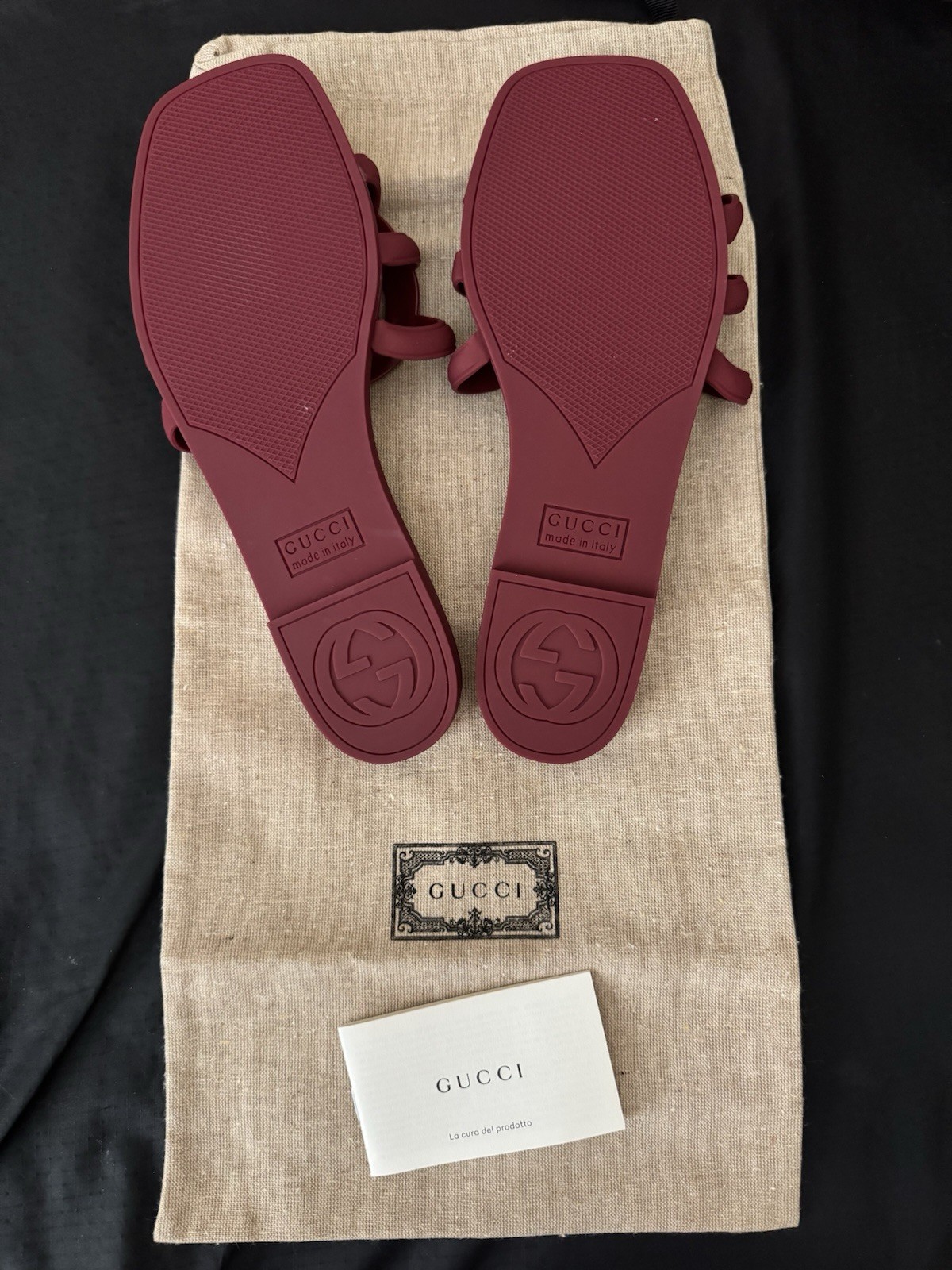 Gucci Burgundy Logo Slide Sandals Rubber Slip-On Unisex Adults US 7