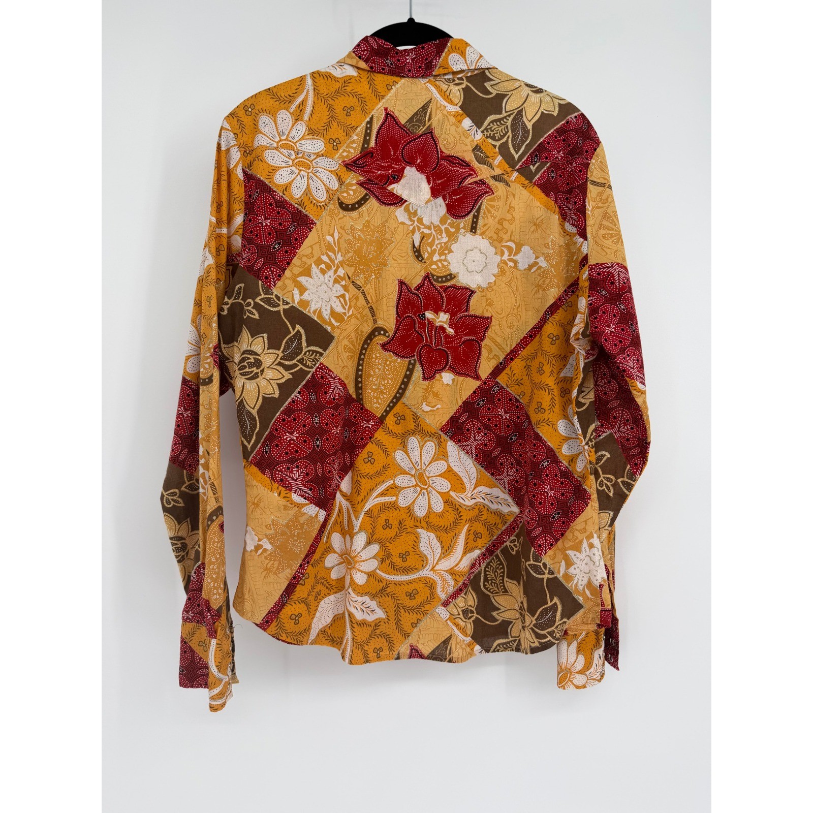 Roper Womens L Western Snap Shirt Patchwork Batik Floral Glitter Cotton Mustard