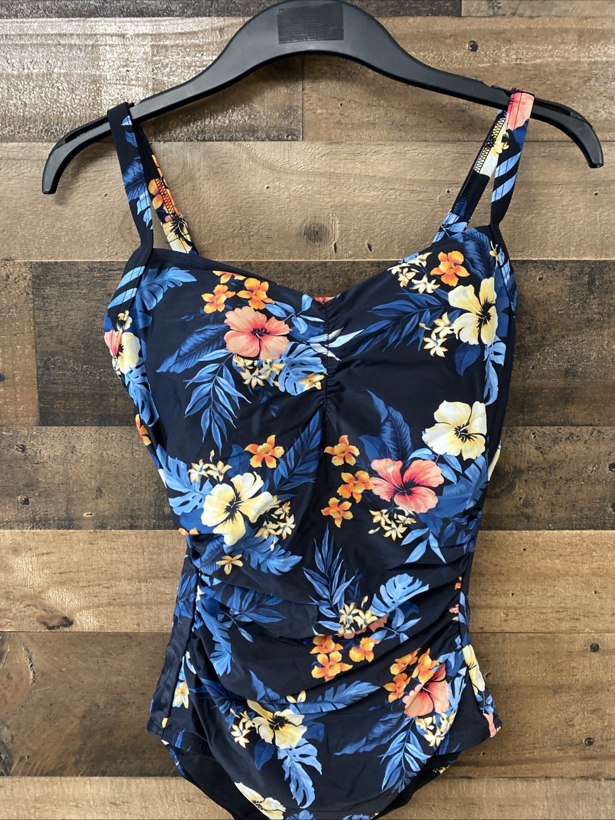Lands’ End Ruched Sweetheart One Piece Swimsuit Black Tropical Size S 6-8 New