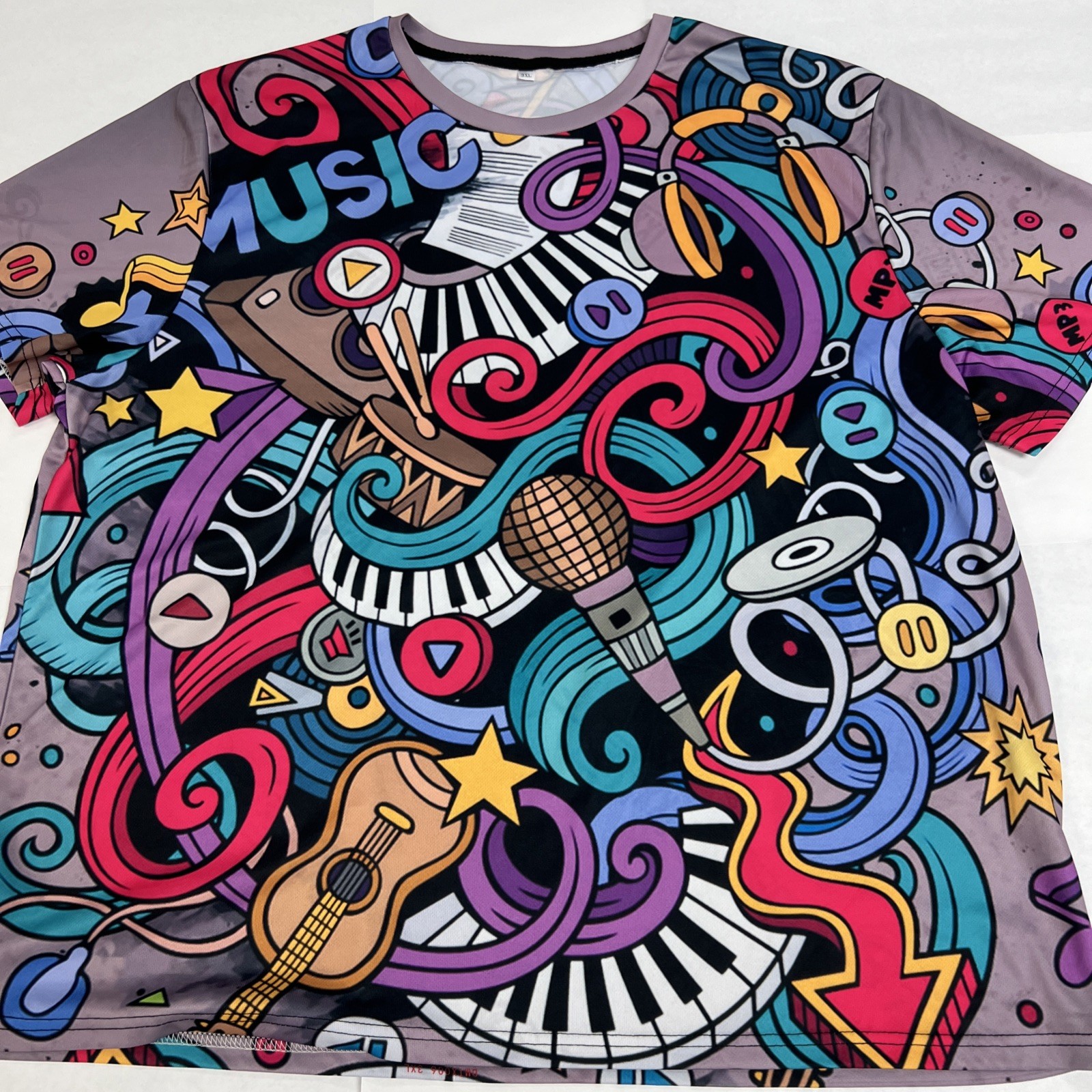 Vintage 3/2XL Psychedelic Music Crazy Print Shirt Multicolor Stretchy