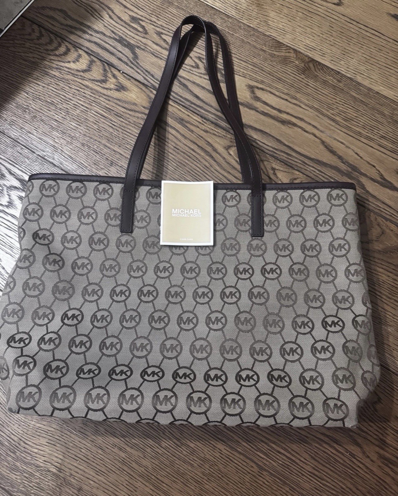 Michael Kors Signature Logo Monogram Tote Bag Zip Large Gray Brown Handles