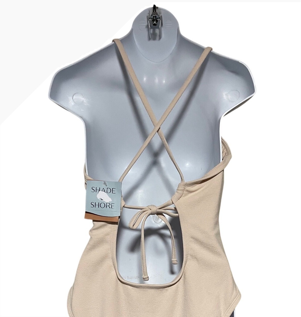 Shade & Shore Beige One Piece Swimsuit Jade Bead Accent Crisscross Back Medium