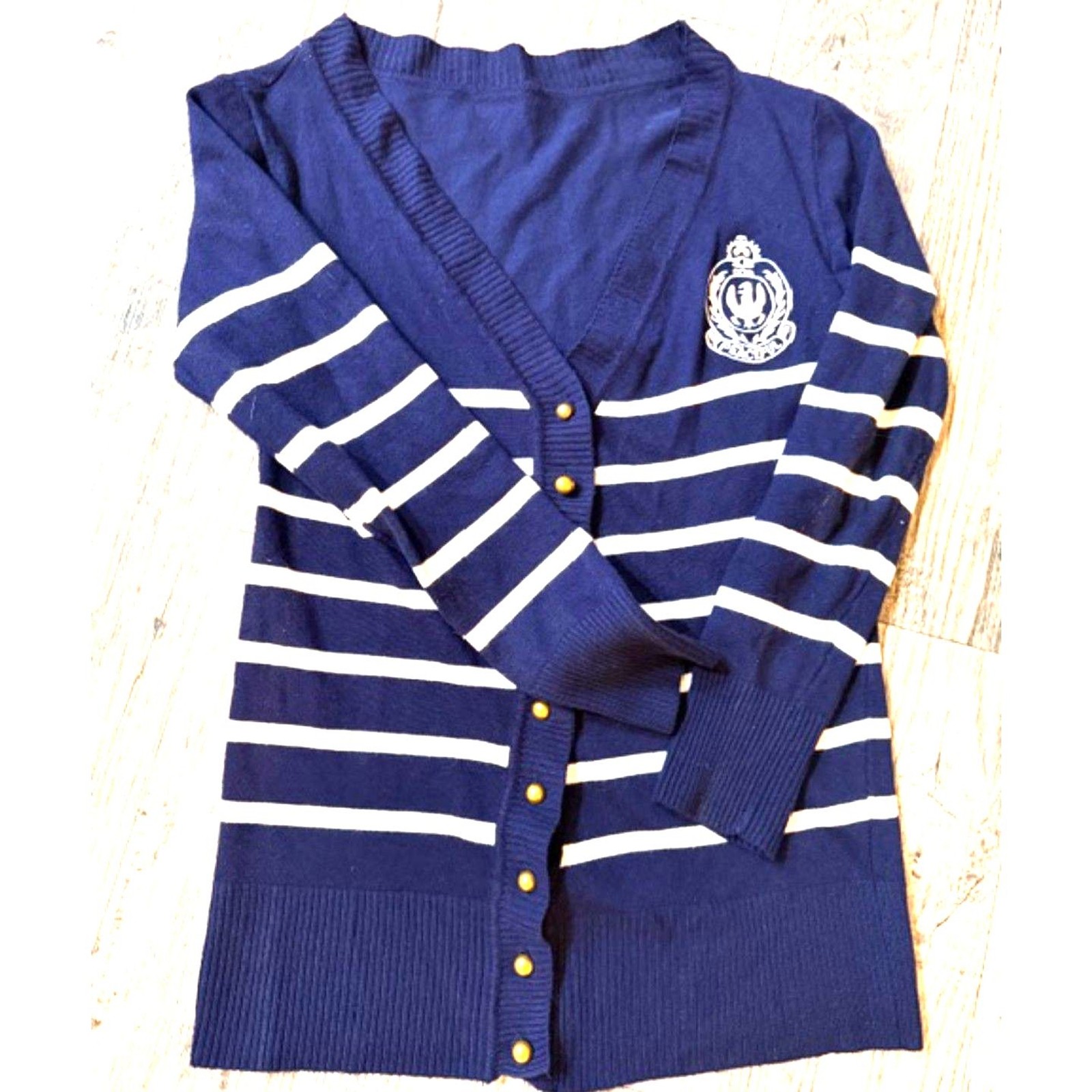 Peaceful Navy Striped Cardigan Sweater Crest Gold Buttons Preppy Nautical Size M