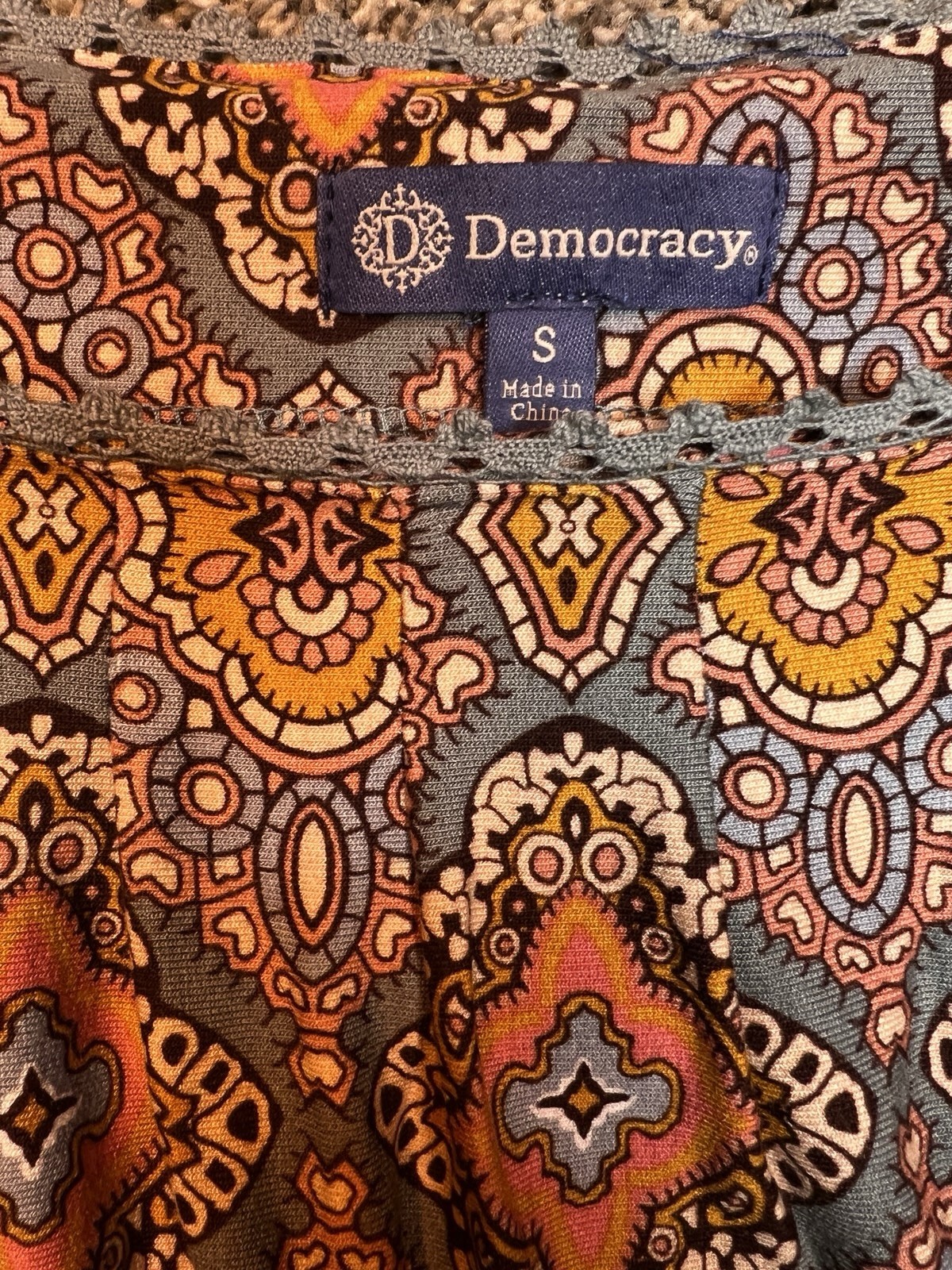 NWT Democracy SMALL Geometric Square Neck Blouson Sleeve Smocked Top Shirt
